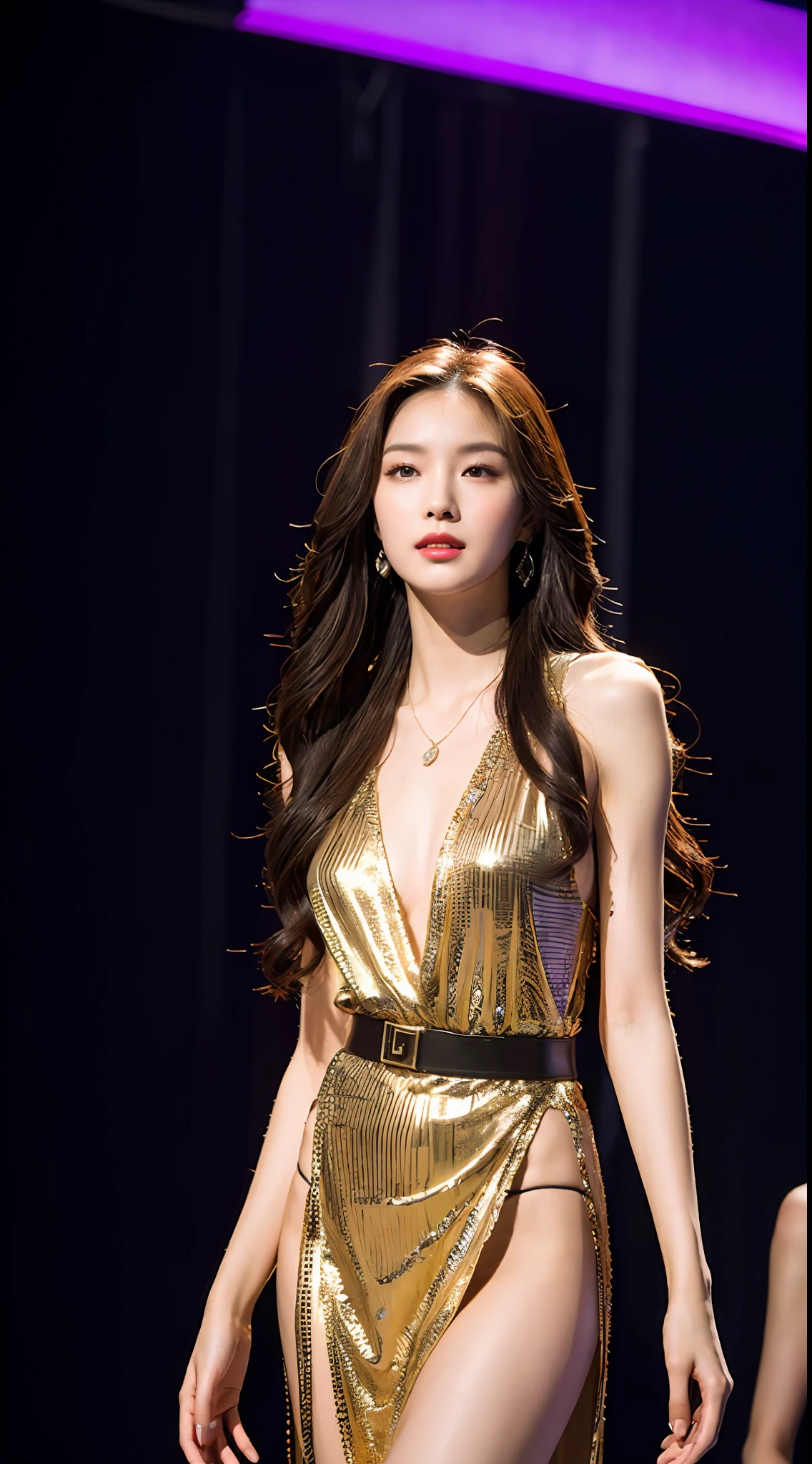 (Best Quality, High Resolution, Masterpiece: 1.3), A Tall Beautiful Sexy Sexy Woman, Pure Lust Style, Miss Hong Kong Pageant Champion, Slender Abs, Dark Brown Hair in Loose Wave Styling, Breasts, Wearing Pendants, Pageant Costumes, (Pageant Stage in the background), Face and Skin Texture in beautifully presented details, detailed eyes, double eyelids