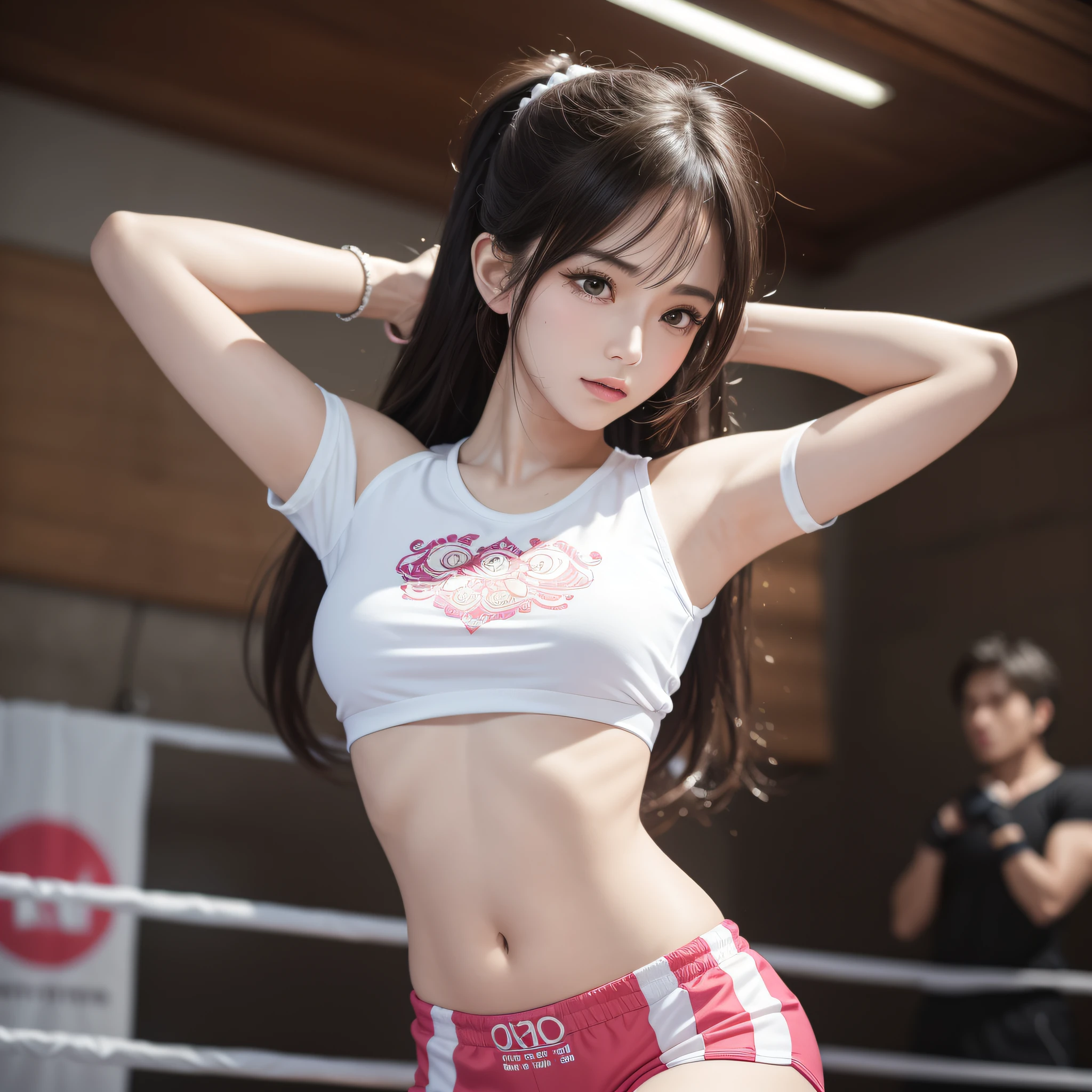masterpiece, top quality, (realistic, photorealistic: 1.4), (RAW photo: 1.2), very elaborate CG Unity 8K wallpaper, very delicate and beautiful, wonderful, attention to detail, official art, absurdity, incredibly ridiculous, huge file size, very fine, very elaborate, beautiful eyes and face, beautiful elaborate eyes, light on the face, one girl, Long Hair, (Pom) Navel, Upper Body, pink and yellow Short Sleeved navel-baring T-Shirt, Beautiful Detailed Real Boxing Gloves, Bare Arms, Bangs, Boxing Gym, Boxing Ring, ULZZANG-6500-v1.1