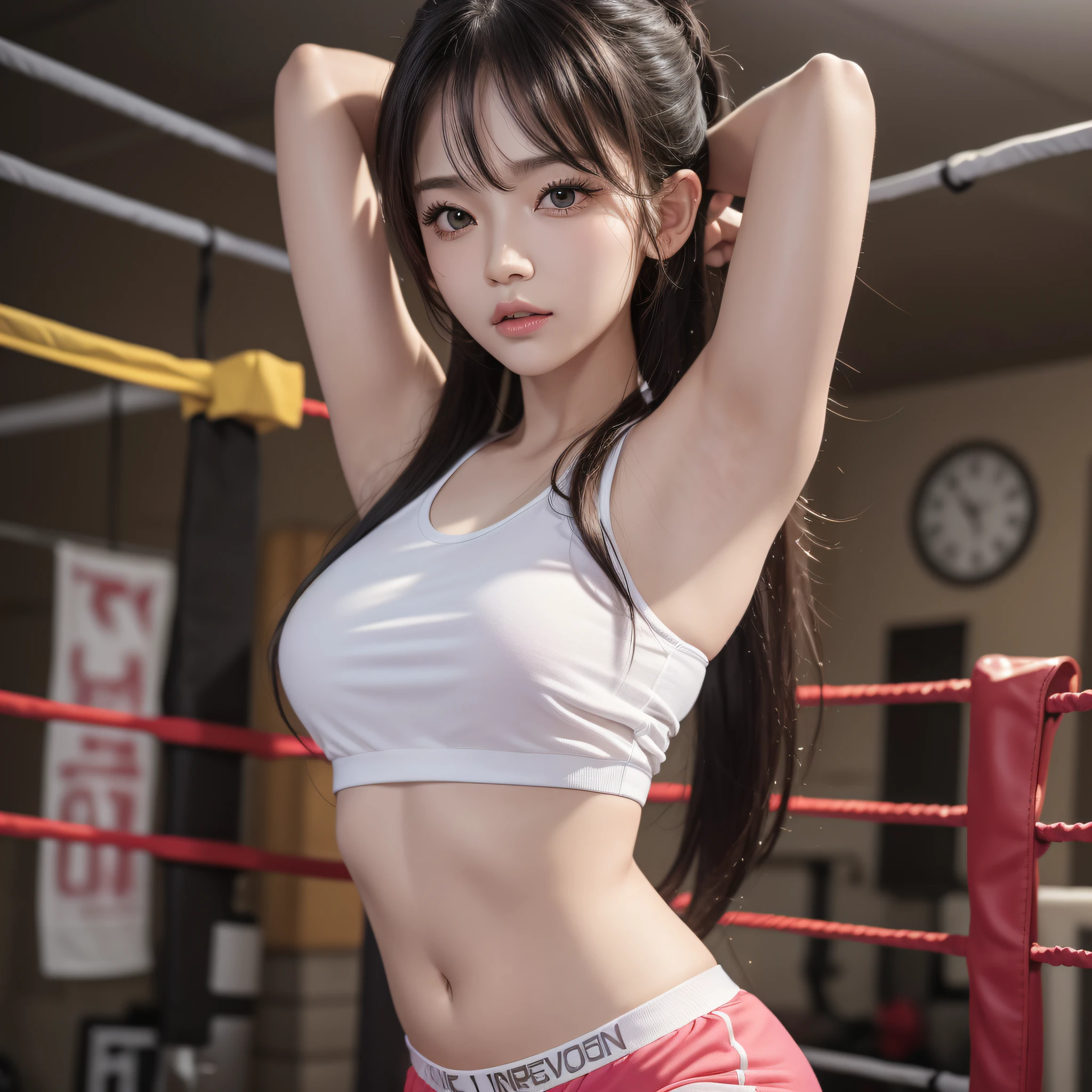 masterpiece, top quality, (realistic, photorealistic: 1.4), (RAW photo: 1.2), very elaborate CG Unity 8K wallpaper, very delicate and beautiful, wonderful, attention to detail, official art, absurdity, incredibly ridiculous, huge file size, very fine, very elaborate, beautiful eyes and face, beautiful elaborate eyes, light on the face, one girl, Long Hair, (Pom) Navel, Upper Body, pink and yellow Short Sleeved navel-baring T-Shirt, Beautiful Detailed Real Boxing Gloves, Bare Arms, Bangs, Boxing Gym, Boxing Ring, ULZZANG-6500-v1.1