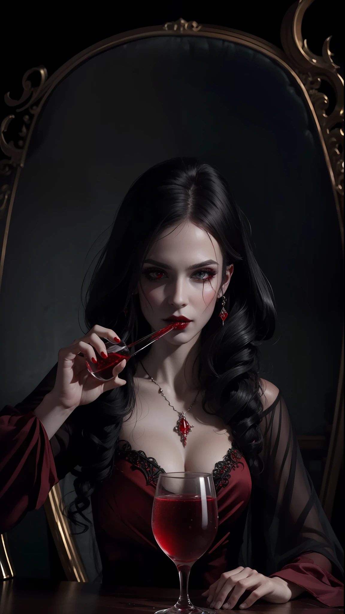 ((Best quality)), ((masterpiece)), (highly detailed:1.3),a vampire woman, drinking blood wine glass, serious look horror environment