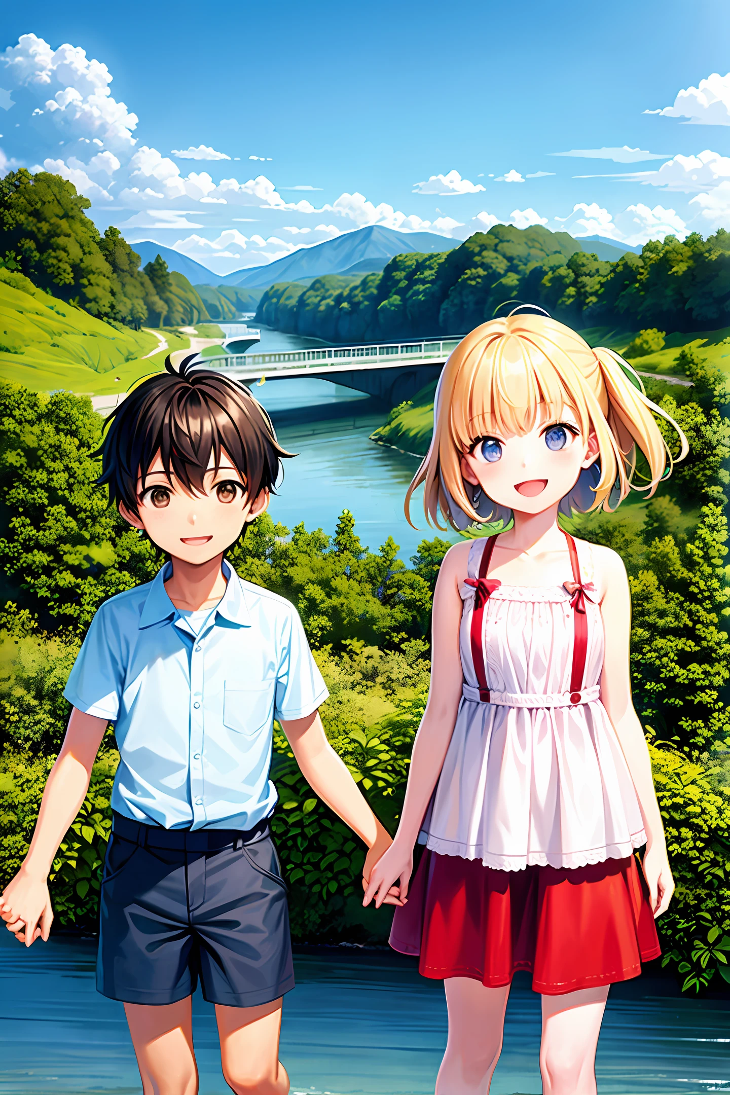 two children (a boy and a girl) smiling, holding hands, looking at the sky with curious and fascinated expressions, while the river and the surrounding nature transmit tranquility. 2