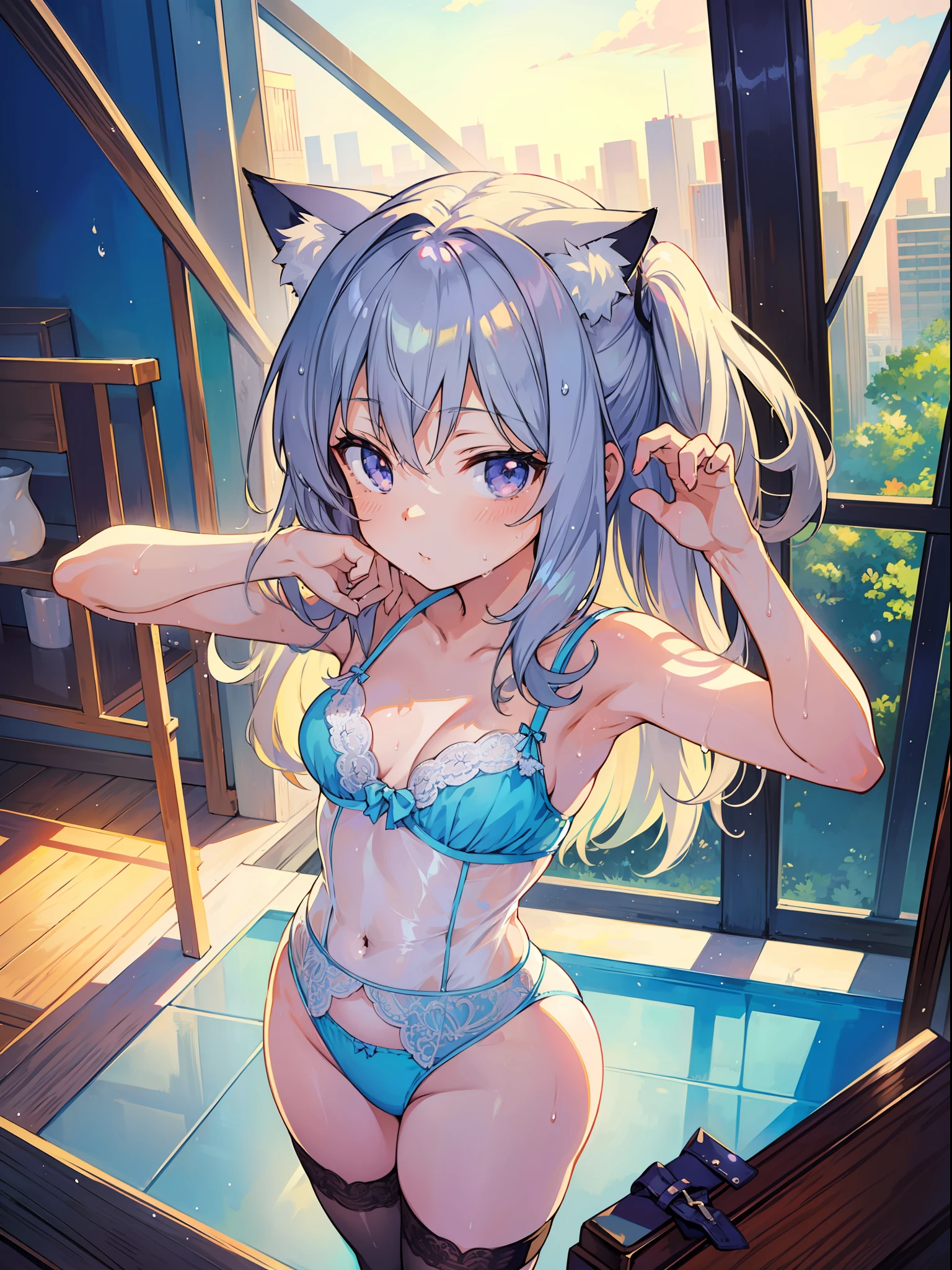 (Masterpiece), (Best Quality Anime Illustration), (Super Definition), One Girl, Solo, Silver-haired Beautiful Girl, Anime , Cat Ear Lolixy Lingerie, Sexy Pose, Wet Sheer