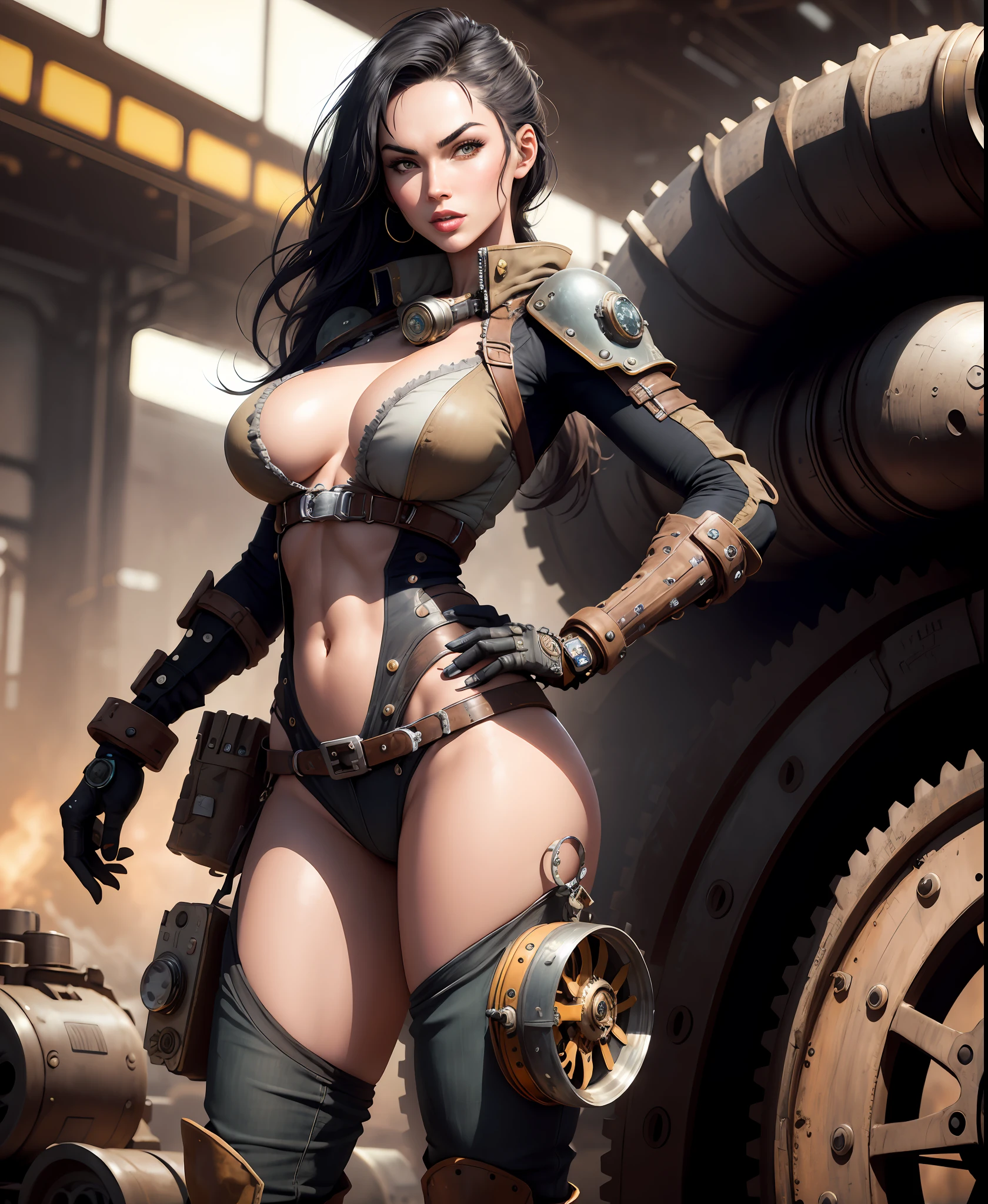 Megan Fox Actress in a wasteland, upper body, full body, wide shot, steampunk style, steampunk art, complex mechanical devices such as gears, tubes, valves, (huge industrial architecture: 1.4), gray theme, retrofuturism, insane details, (Fujiflim XT3), 20 megapixels, detailed, film grain, (sharp focus: 1.2), photo, attractive mixed woman, (masterpiece: 1.3), (best_quality:1.3), (ultra_detailed:1.3), depth of field, bokeh, 4K, HDR, action pose