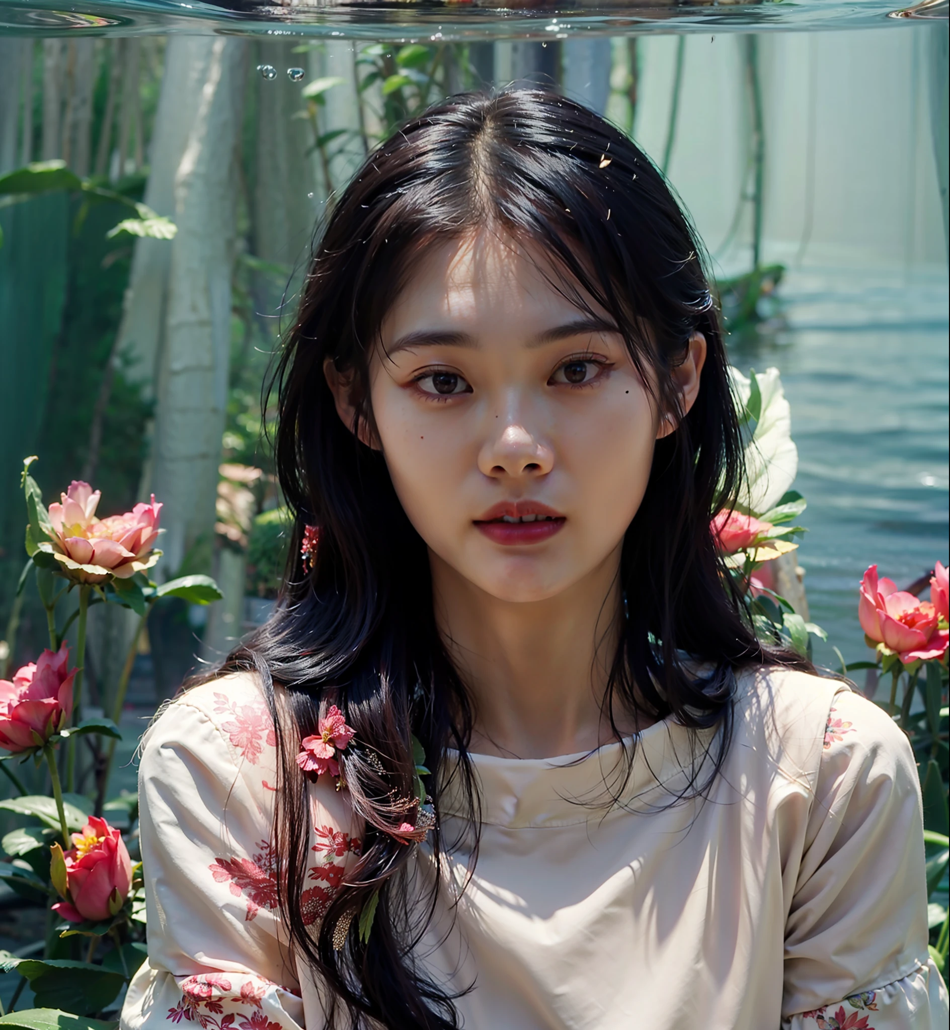 there is a woman that is standing in the water with flowers, soft portrait shot 8 k, korean artist, inspired by Yanjun Cheng, portrait of jossi of blackpink, ross tran 8 k, portrait of female korean idol, yanjun chengt, kim doyoung, jaeyeon nam, portrait of kpop idol, taejune kim, a still of an ethereal