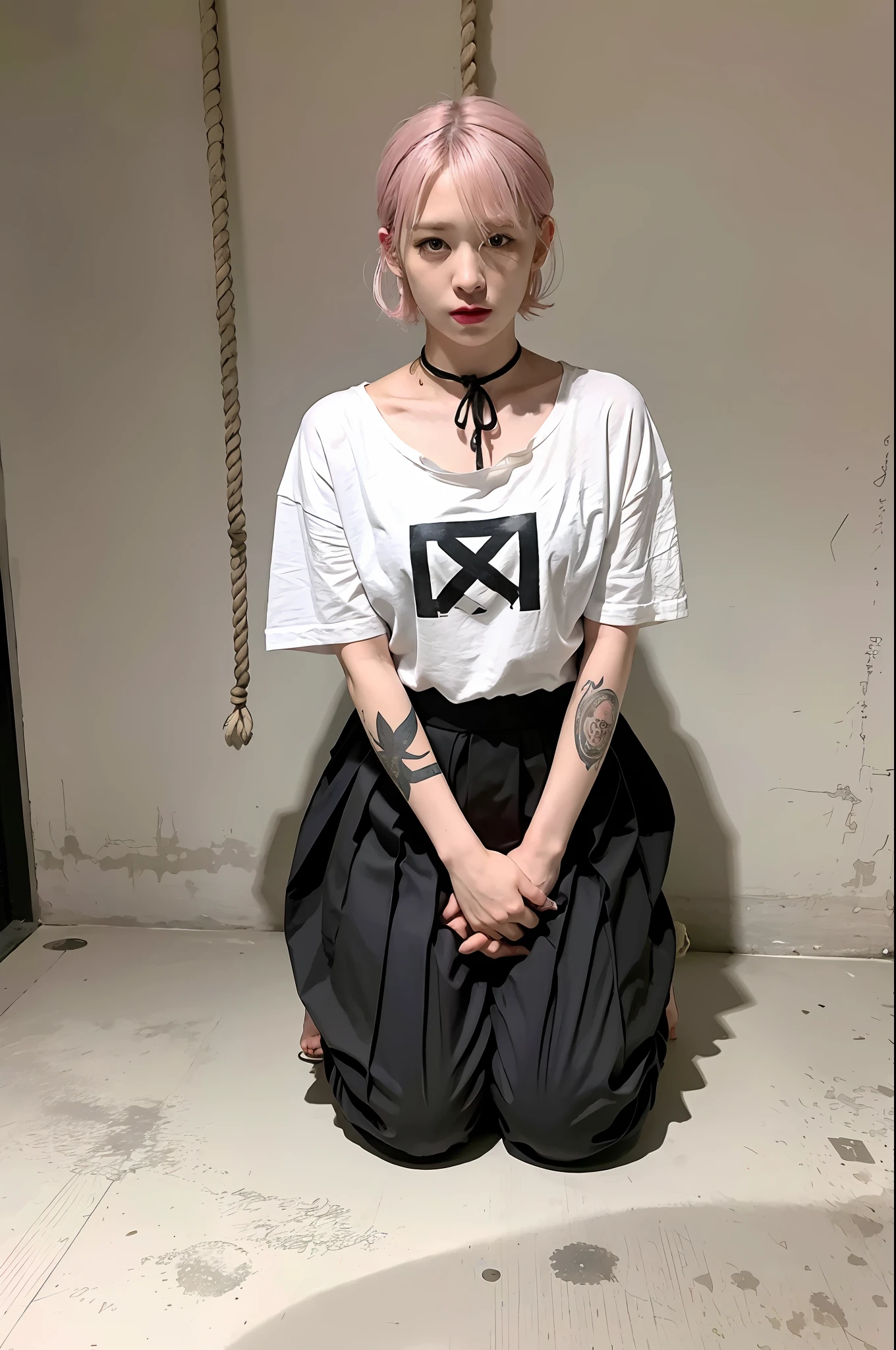 (8k:1.27), best quality, masterpiece, ultra highres:1.2), lesbian delinquent girl with dyed short hair and arm tattoos, tattooed girl, full body picture, dirty old white oversized knotted prisoner t-shirt, dirty big t-shirt with prisoner number written in t-shirt, short big sleeves, beige prisoner pants tied with a rope, wearing dirty old goth clothes, shoulder length pink bob hairstyle, pink hair pulled back, kneeling in a prison cell next to a noose, handcuffed, hands tied with rope behind body, submissive neck choker and checkered keffiyeh scarf in neck, 4k or 8k picture, looking at the floor down very sad, very sad face, praying, paisley bandana pirate style headscarf, smelly, barefoot, rope noose hanging from ceiling, tattooed body, noose rope hanging