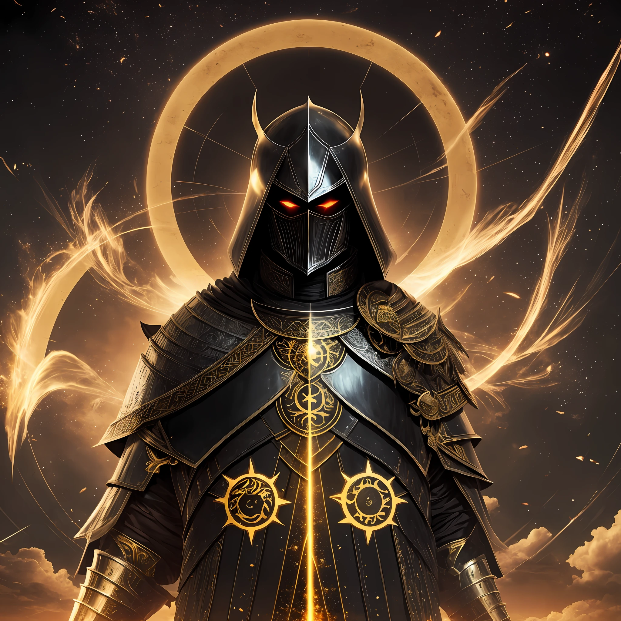 Black sun being held by a staff of shadows, a knight in gold armor looking at the black sun, Apocalyptic scenery --auto --s2