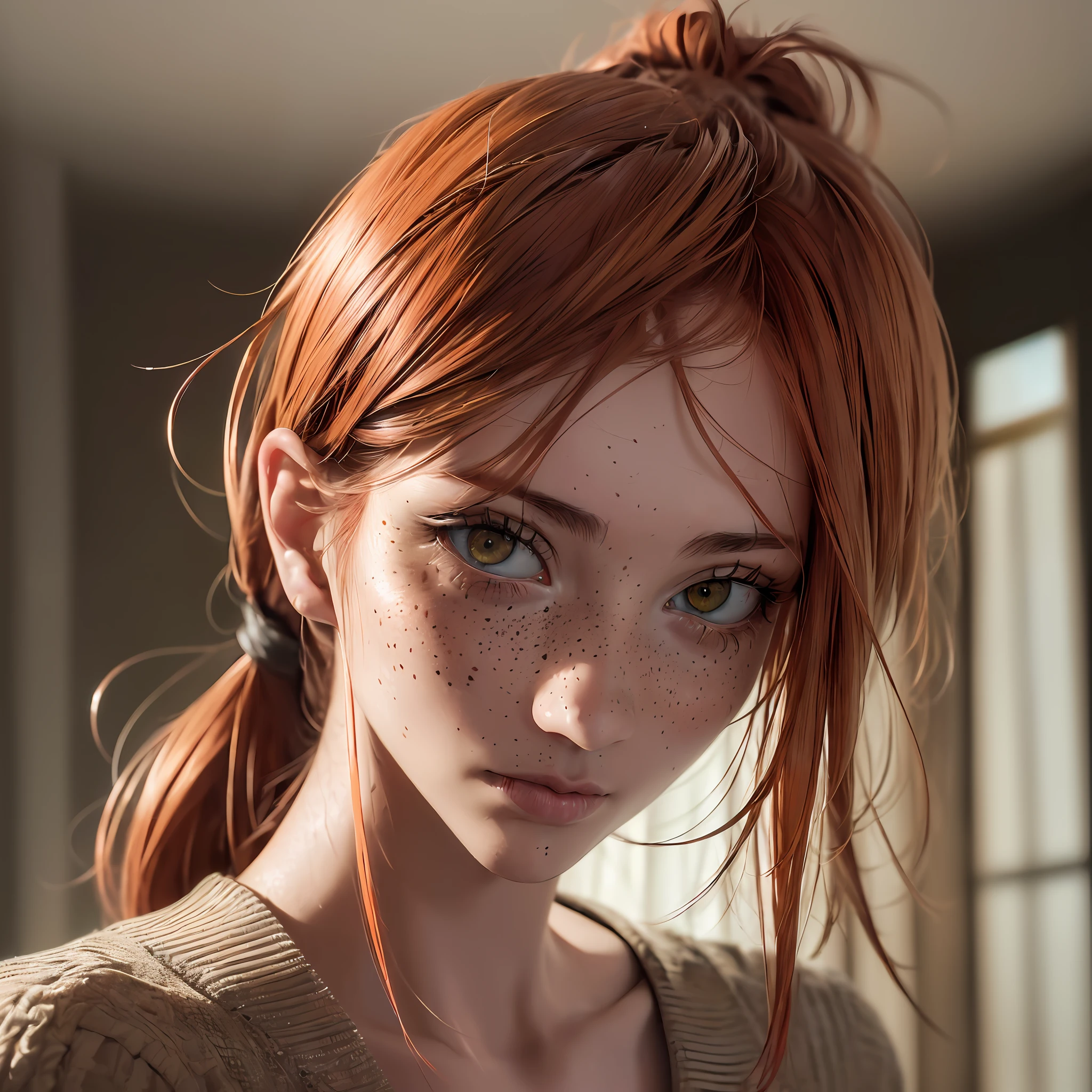 (8k, RAW photo, highest quality),(epic realistic:1.5), a girl, dynamic posture,erotic face,shirt,(detailed eyes:0.8),(looking at the camera:1.4), (highest quality), (best shadow),intricate details,cinematic,((skin:1.4)),interior, (long ponytail ginger hair:1.3),dark studio,(hdr:1.5),detailed, muted colors, freckles --auto --s2