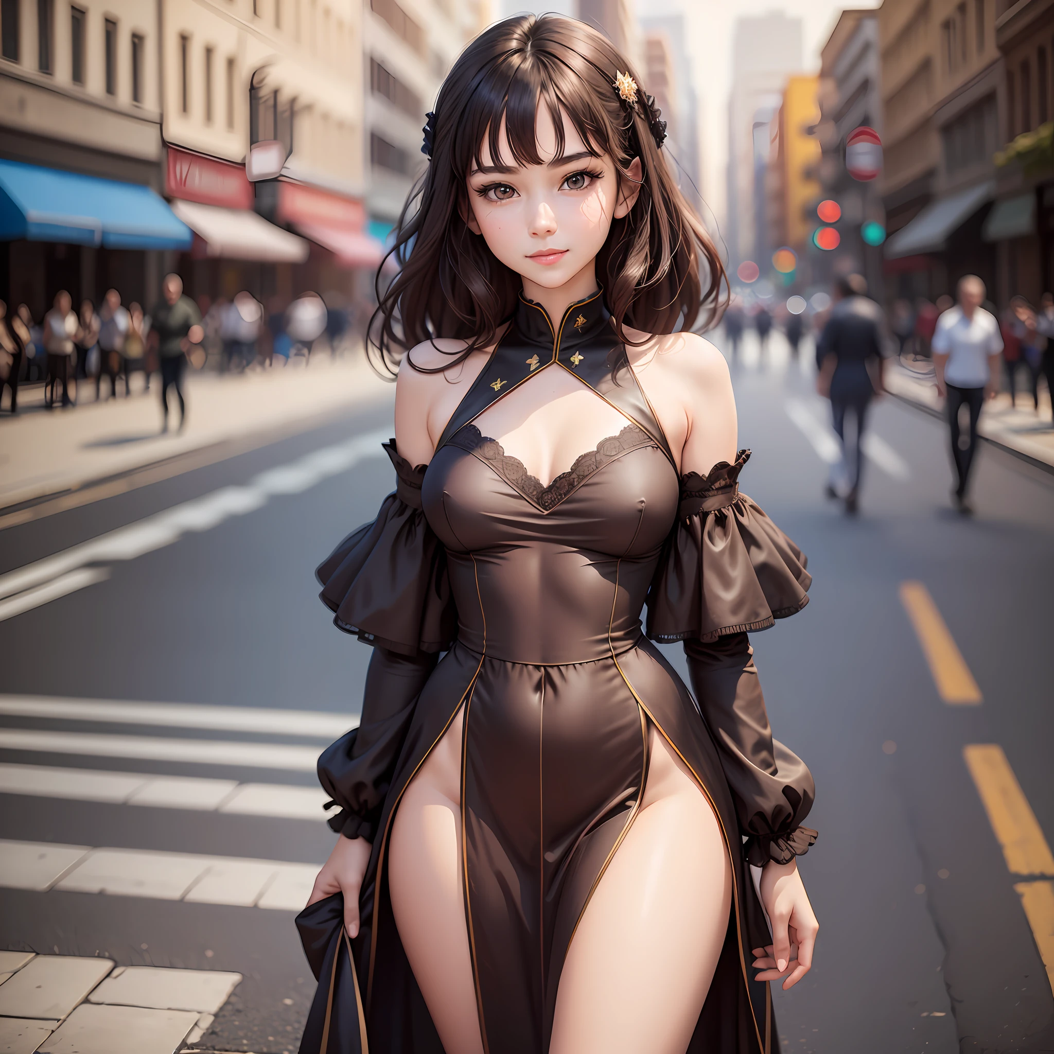 ((Best Quality, 8K, Masterpiece: 1.3)), 1 girl, smile, full body, slim face, pretty woman, (dark brown hair), full-length dress :1.1, super detailed face, detailed eyes, double eyelids, blurred background, slim face, city, outside, street, depth of field, focus on the human body, --auto --s2