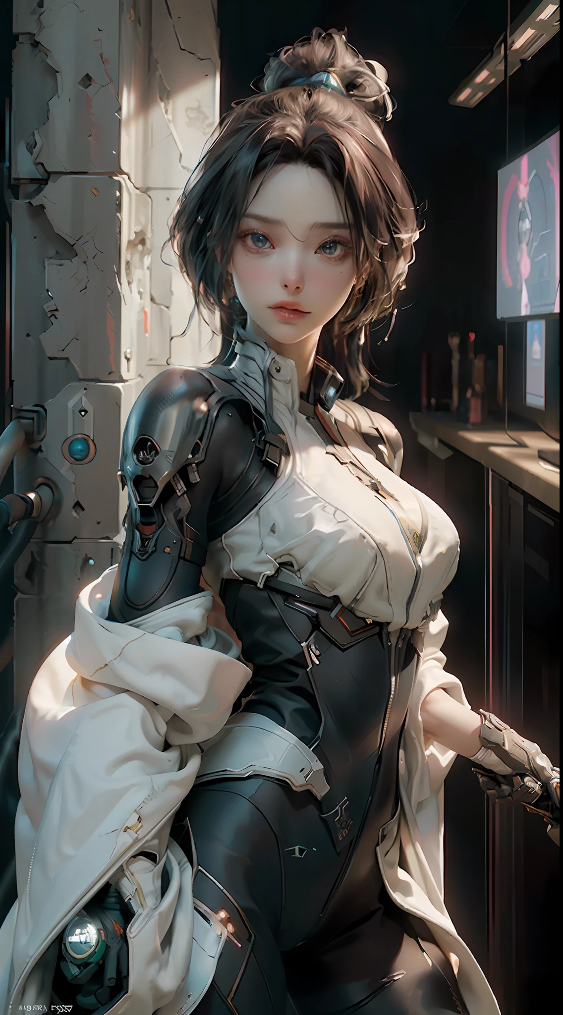 ((Best quality)), ((masterpiece)), (detailed:1.4), 3D, an image of a beautiful cyberpunk female,HDR (High Dynamic Range),Ray Tracing,NVIDIA RTX,Super-Resolution,Unreal 5,Subsurface scattering,PBR Texturing,Post-processing,Anisotropic Filtering,Depth-of-field,Maximum clarity and sharpness,Multi-layered textures,Albedo and Specular maps,Surface shading,Accurate simulation of light-material interaction,Perfect proportions,Octane Render,Two-tone lighting,Wide aperture,Low ISO,White balance,Rule of thirds,8K RAW, NEON , FUTURE , saddness in eyes , colours