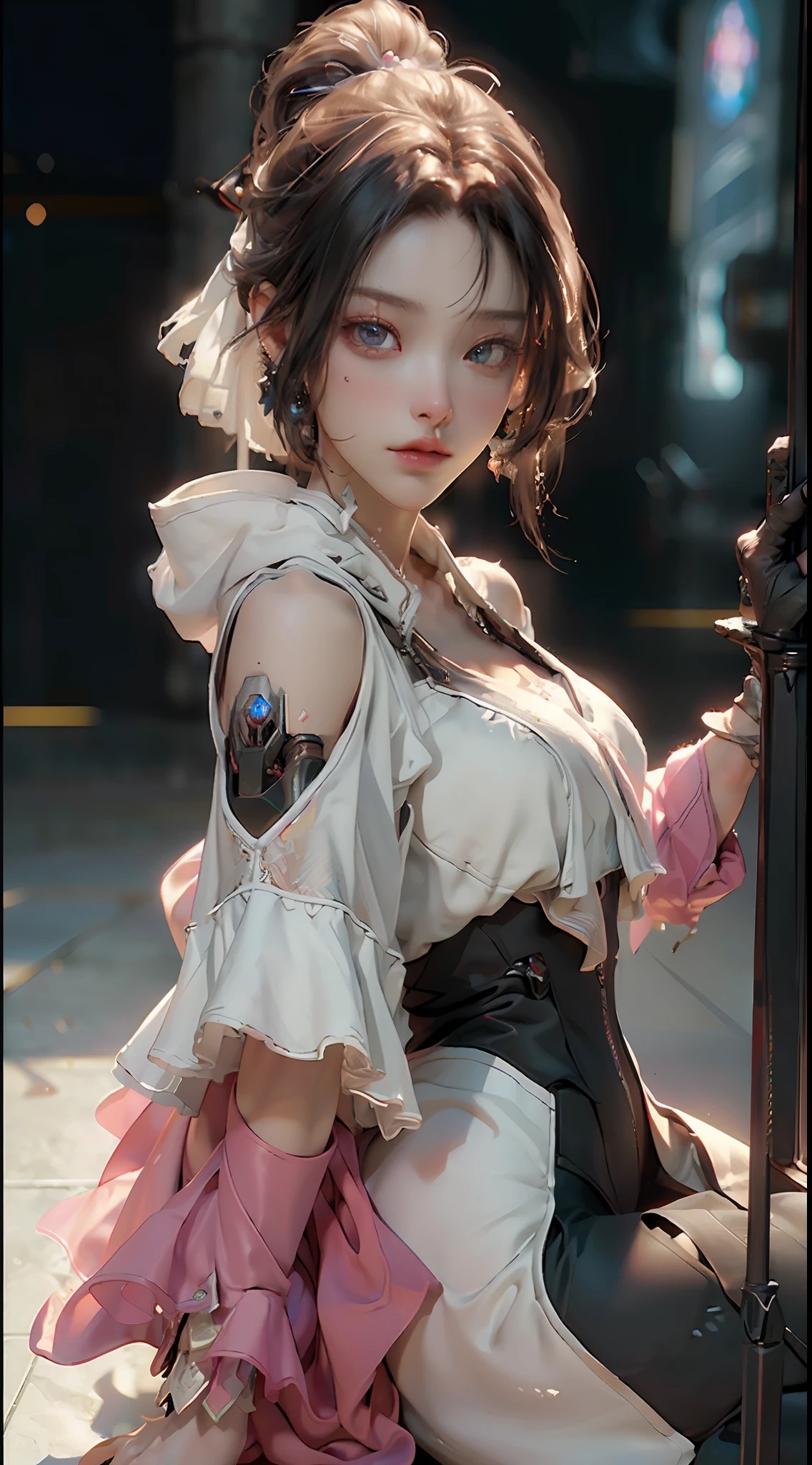 ((Best quality)), ((masterpiece)), (detailed:1.4), 3D, an image of a beautiful cyberpunk female,HDR (High Dynamic Range),Ray Tracing,NVIDIA RTX,Super-Resolution,Unreal 5,Subsurface scattering,PBR Texturing,Post-processing,Anisotropic Filtering,Depth-of-field,Maximum clarity and sharpness,Multi-layered textures,Albedo and Specular maps,Surface shading,Accurate simulation of light-material interaction,Perfect proportions,Octane Render,Two-tone lighting,Wide aperture,Low ISO,White balance,Rule of thirds,8K RAW, NEON , FUTURE , saddness in eyes , colours