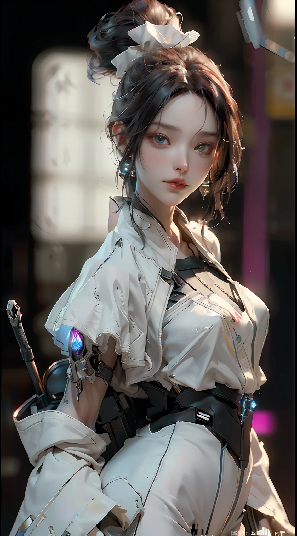 ((Best quality)), ((masterpiece)), (detailed:1.4), 3D, an image of a beautiful cyberpunk female,HDR (High Dynamic Range),Ray Tracing,NVIDIA RTX,Super-Resolution,Unreal 5,Subsurface scattering,PBR Texturing,Post-processing,Anisotropic Filtering,Depth-of-field,Maximum clarity and sharpness,Multi-layered textures,Albedo and Specular maps,Surface shading,Accurate simulation of light-material interaction,Perfect proportions,Octane Render,Two-tone lighting,Wide aperture,Low ISO,White balance,Rule of thirds,8K RAW, NEON , FUTURE , saddness in eyes , colours