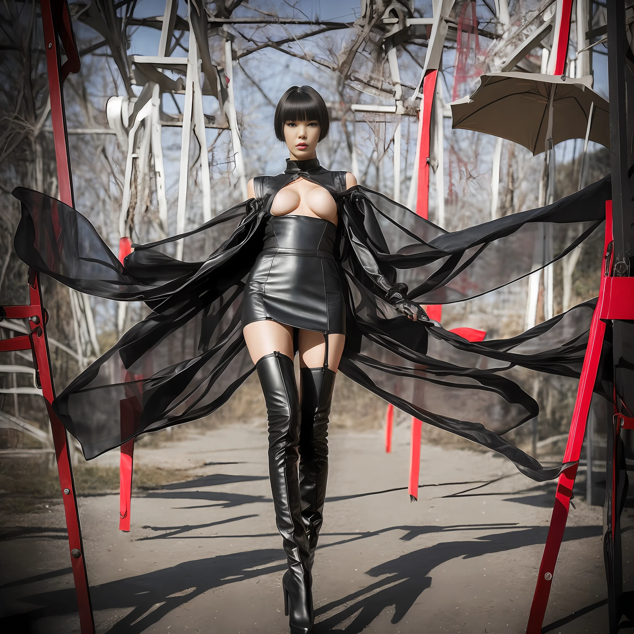 Beautiful woman walking in the wind, black gloves, knee-length leather red sole boots, tall, long legs, perfect body proportions, thin waist, black suspender stockings, tight leather dress, tall, slender body, 9 head body, big eyes, beautiful and delicate face, perfect body details, perfect visual proportions, fashion shooting --auto --s2