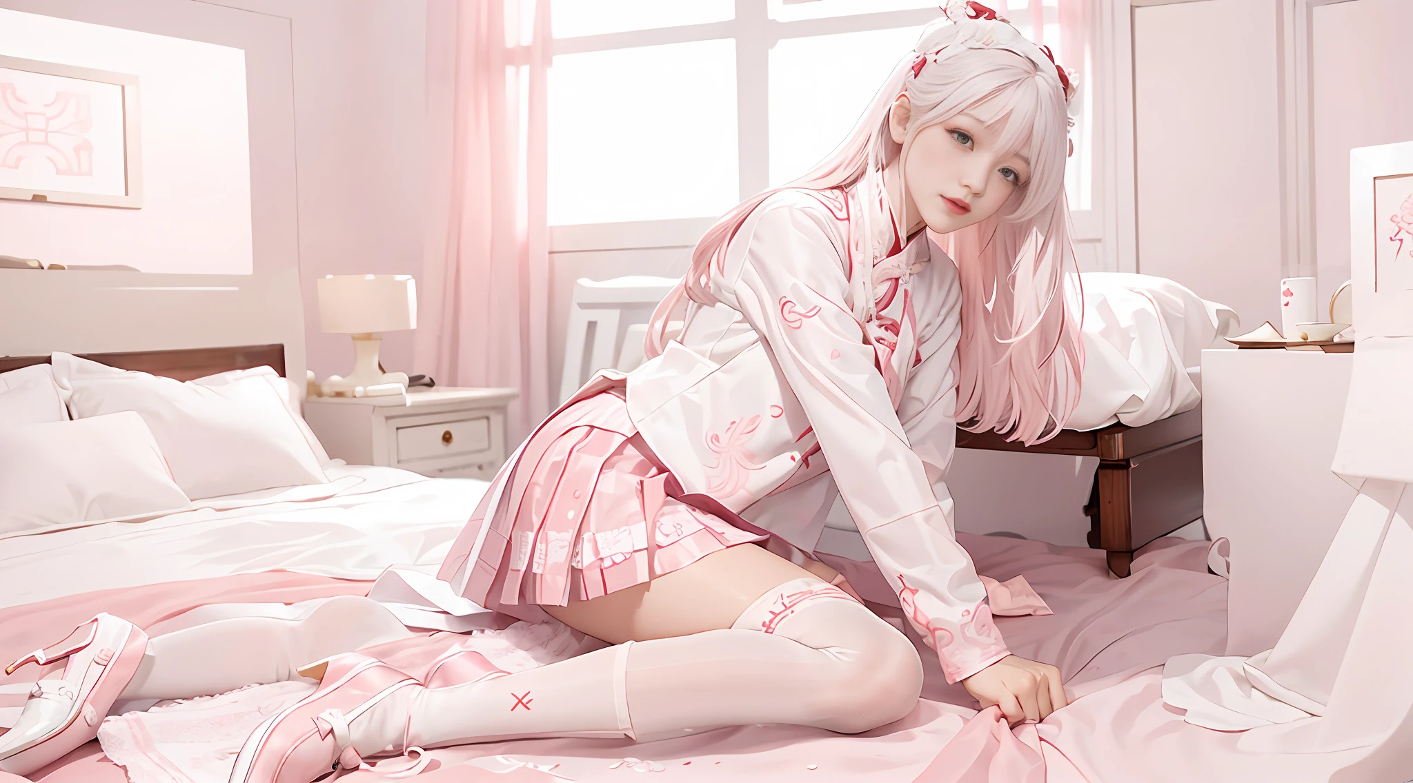 Chinese style, white hair, Chinese clothing, Tang style Hanfu, Hanfu, ((((pink and white skirt)), embroidery, over-the-knee socks, high heels, interior, bed