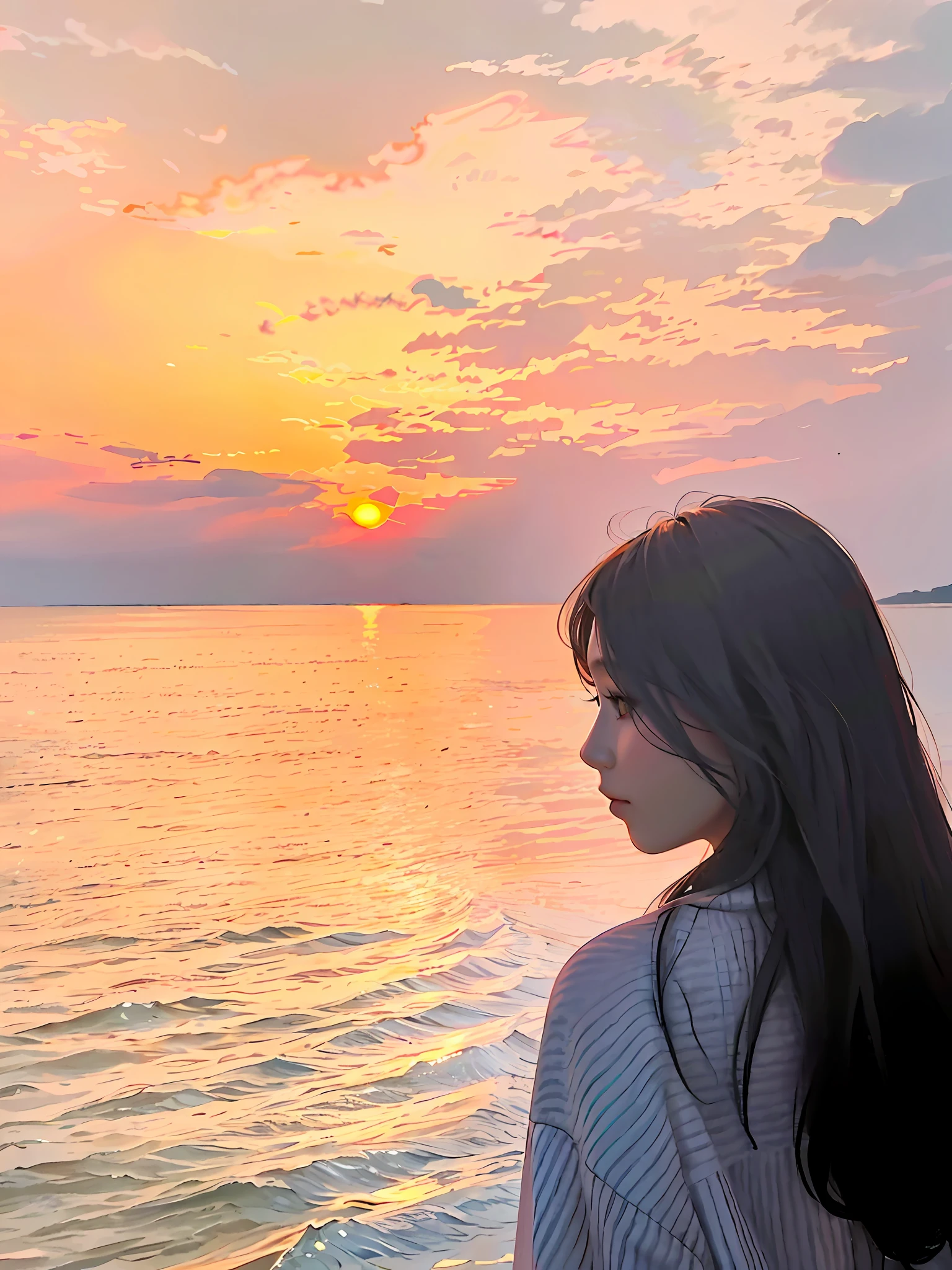 Arad woman looking up at the sea at sunset, with sunset, in beautiful sunset, during sunset, girl looking at sunset, sunset shining overhead, beautiful girl on the horizon