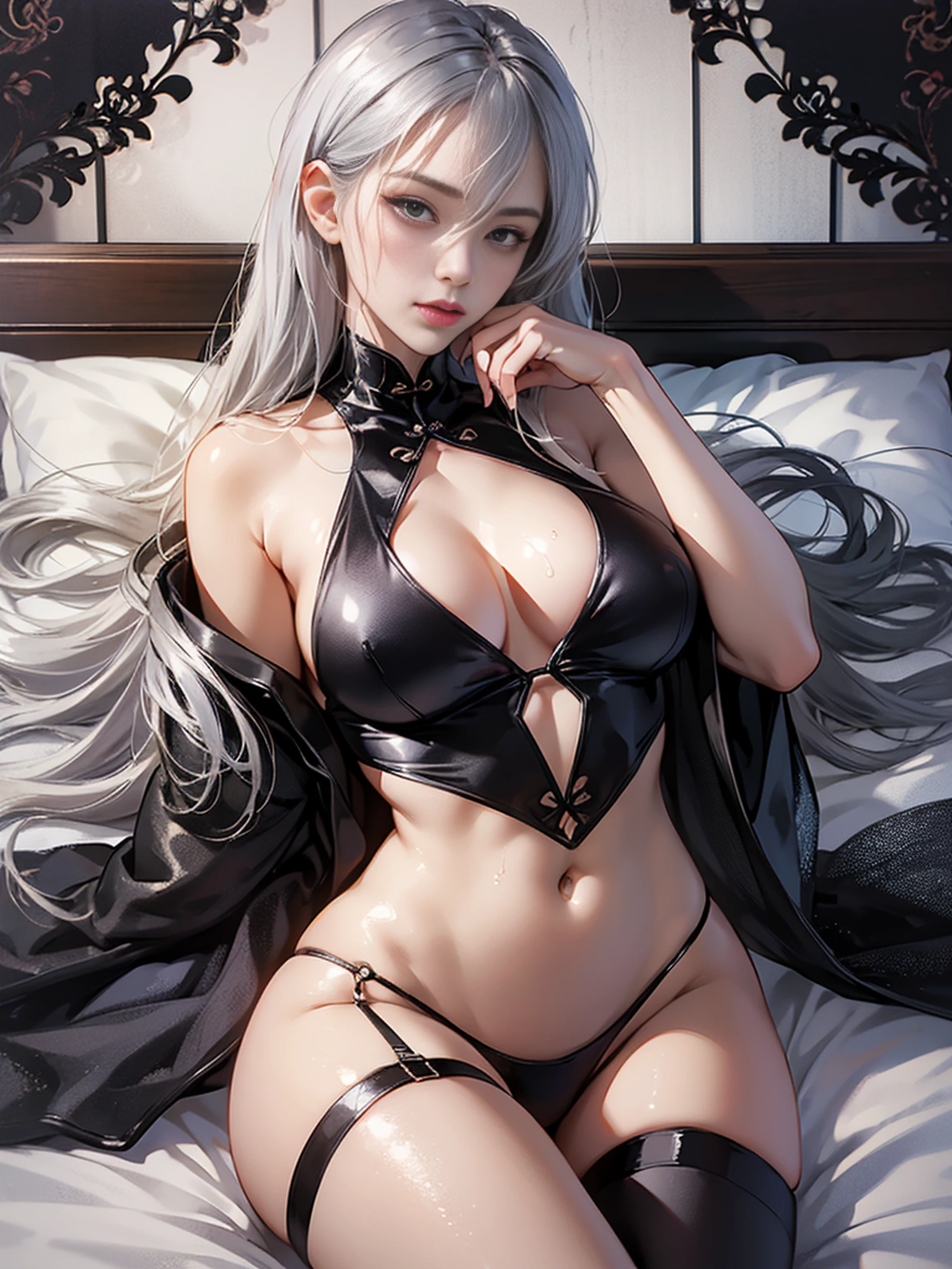 Girl in black silk lying on bed, 1 girl, sinister pose, super sexy pose, shin hanga, seductive anime girl, breasts, full body portrait, showing delicate slender body and graceful curves, correct limbs, disheveled clothes, big breasts, broken black silk, pose, exposed clothing, breast enlargement, sexy pose, wet clothes, undressed, wet clothes, big breasts, lying in bed, sinister pose, (between legs: 1.3), high resolution, (cleavage:1.3), gray hair, bangs, small room, white hair, erotic cheongsam, torn over-the-knee socks,