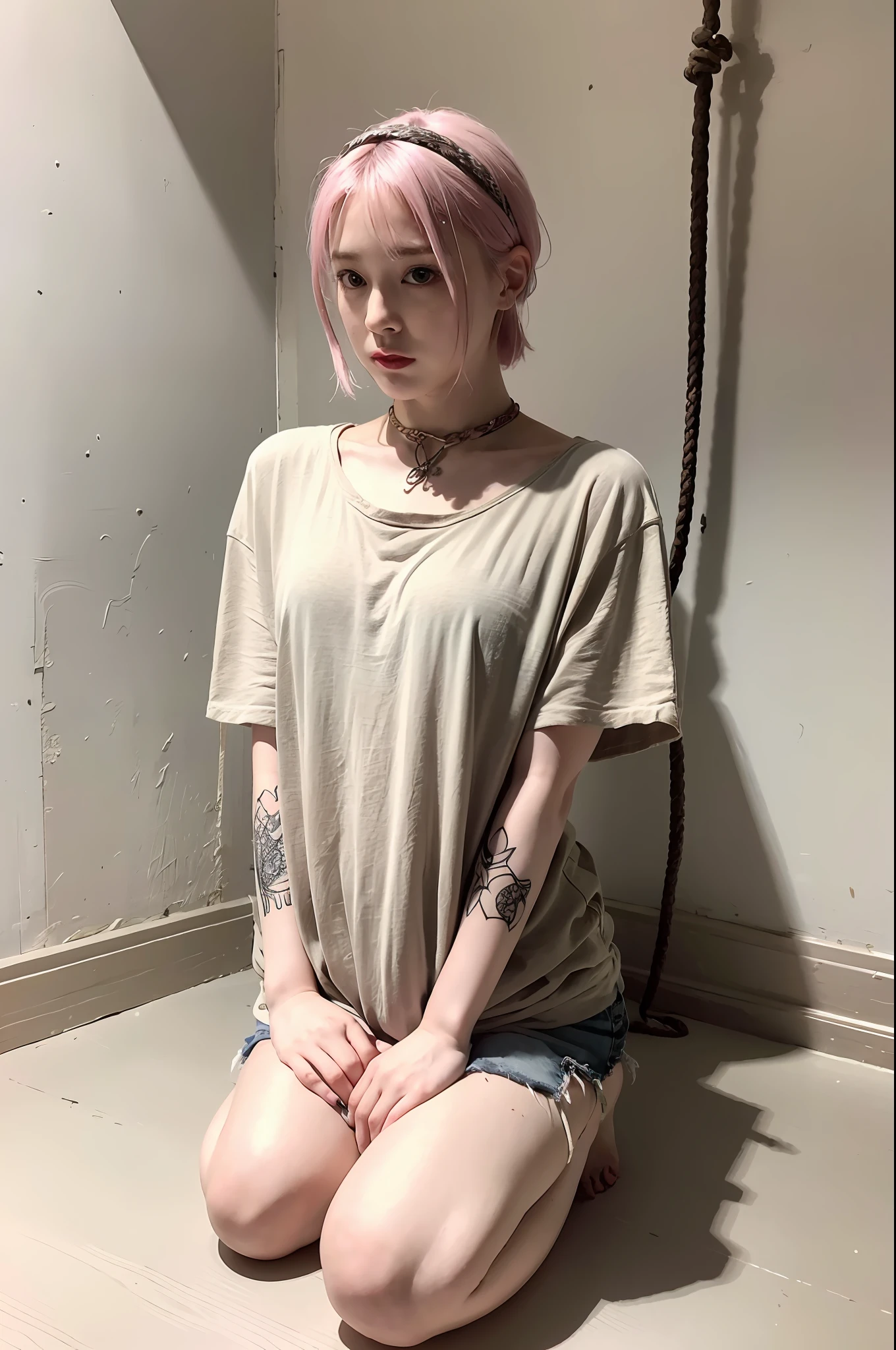 (8k:1.27), best quality, masterpiece, ultra highres:1.2), lesbian delinquent girl with dyed short hair and arm tattoos, tattooed girl, full body picture, dirty old white oversized knotted prisoner t-shirt, dirty big t-shirt with prisoner number written in t-shirt, short big sleeves, beige prisoner pants tied with a rope, wearing dirty old goth clothes, shoulder length pink bob hairstyle, pink hair pulled back, kneeling in a prison cell next to a noose, handcuffed, hands tied with rope behind body, submissive neck choker and checkered keffiyeh scarf in neck, 4k or 8k picture, looking at the floor down very sad, very sad face, praying, paisley bandana pirate style headscarf, smelly, barefoot, rope noose hanging from ceiling, tattooed body, noose rope hanging