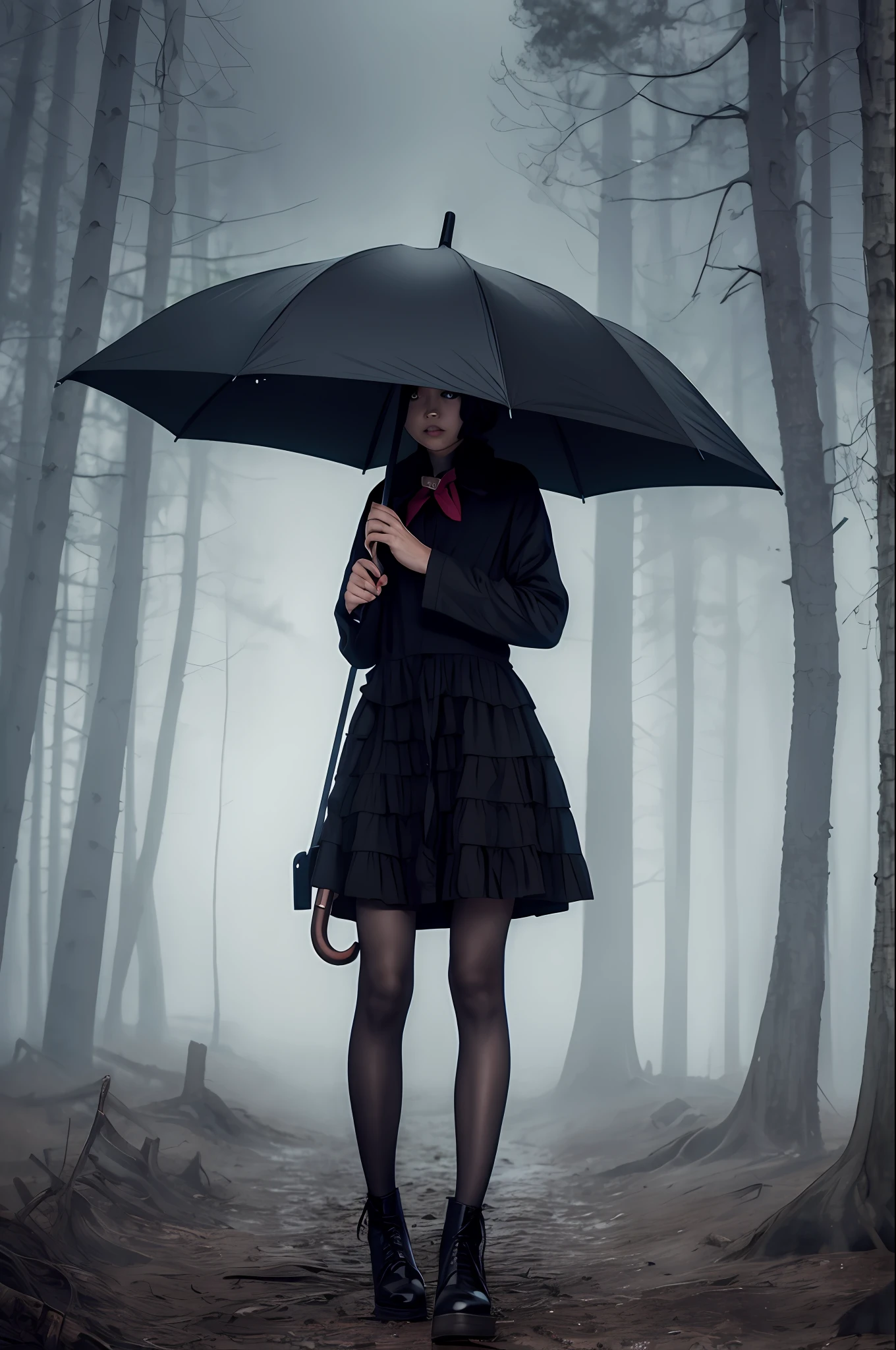 A beautiful girl holding a black umbrella, full body, horror, broken, twisted, sky, fog, smoke, dust, dark forest, shadow creature, Junji Ito, masterpiece, super high resolution, high quality, movie lighting,
