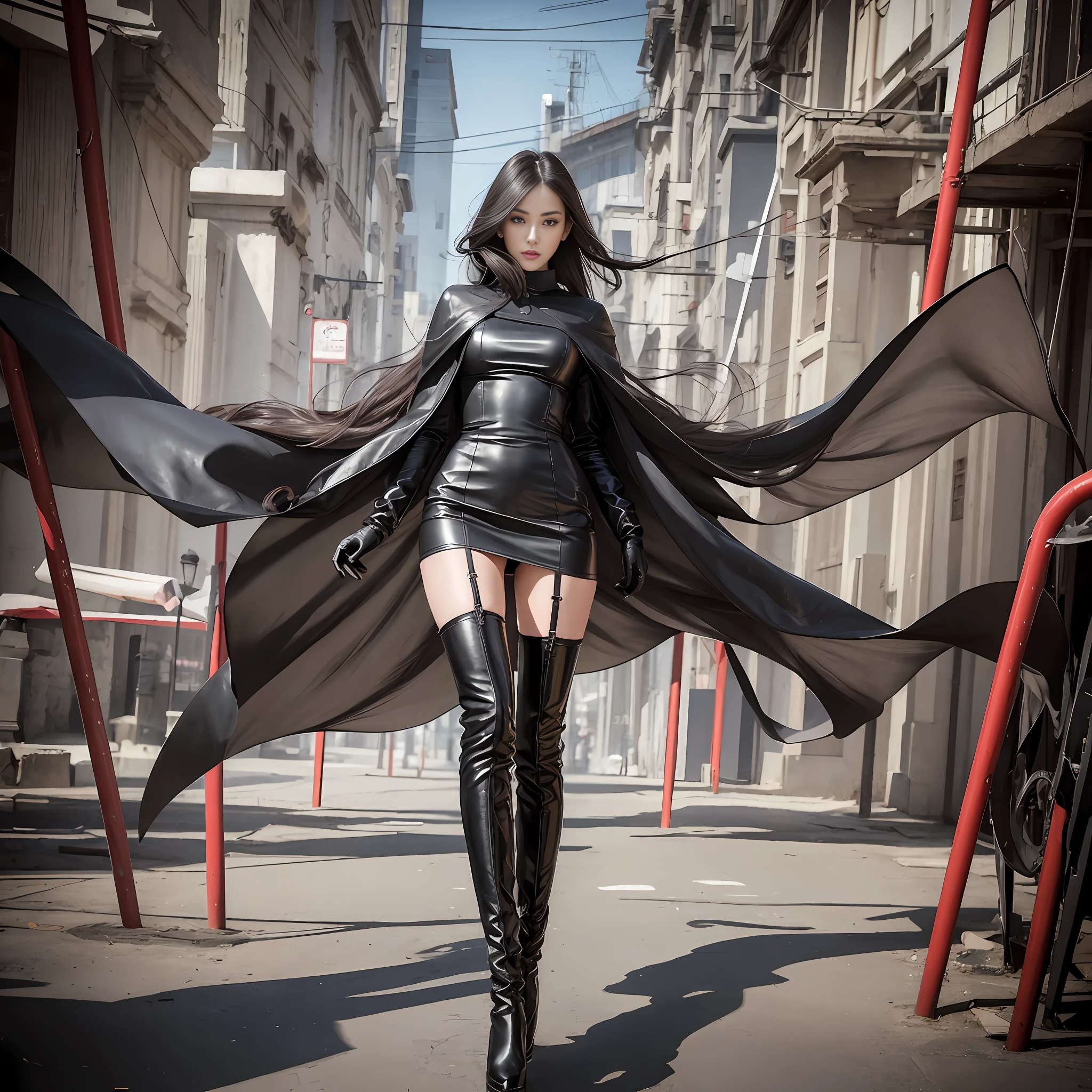 Beautiful woman walking in the wind, black gloves, knee-length leather red sole boots, tall, long legs, perfect body proportions, thin waist, black suspender stockings, tight leather dress, tall, slender body, 9 head body, big eyes, beautiful and exquisite face, perfect body details, perfect body proportions, perfect visual proportions, fashion shooting --auto --s2