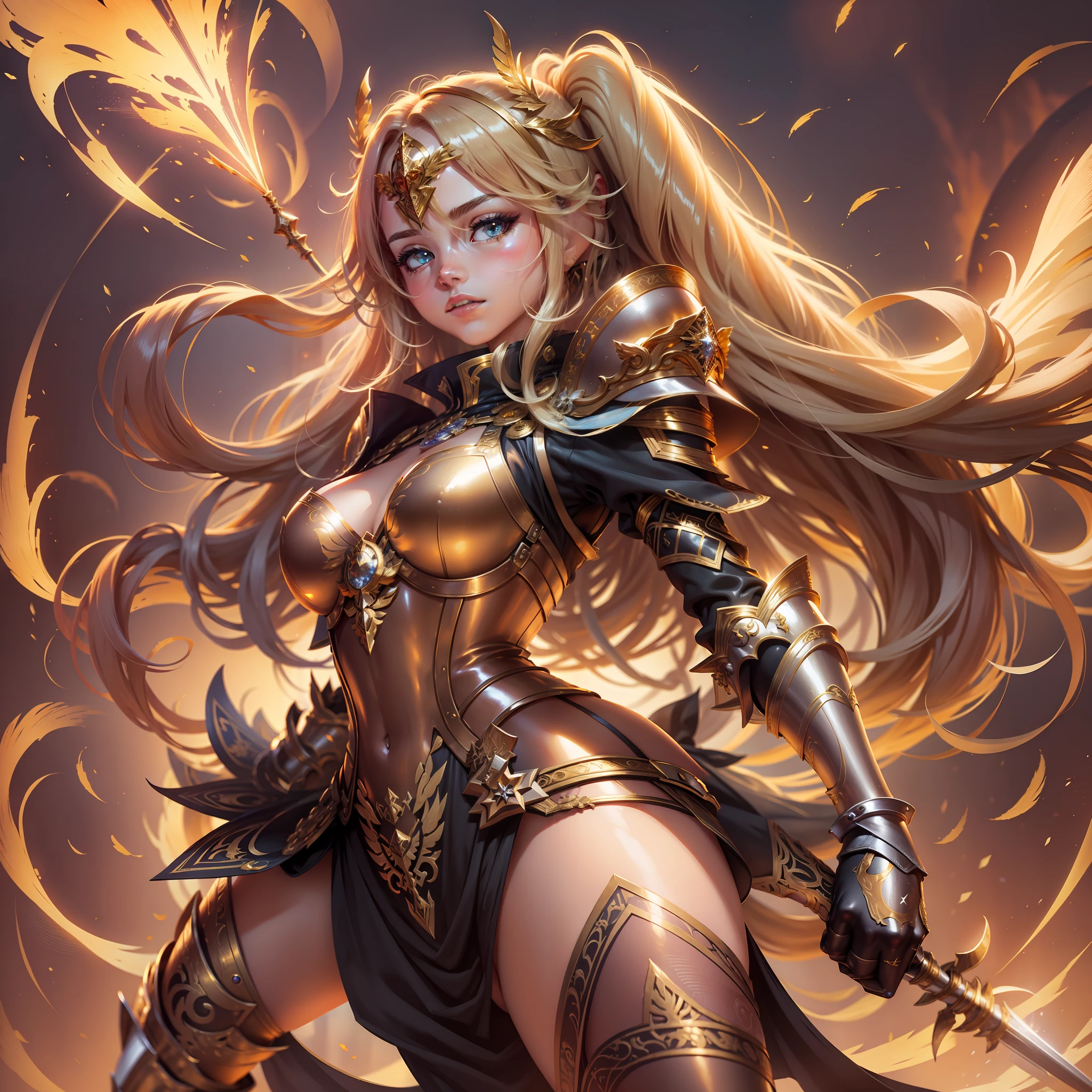 (masterpiece), (best quality), (1girl), girl in golden armor, cool pose, battle field background, fire background, saint seiya armor, messy hair