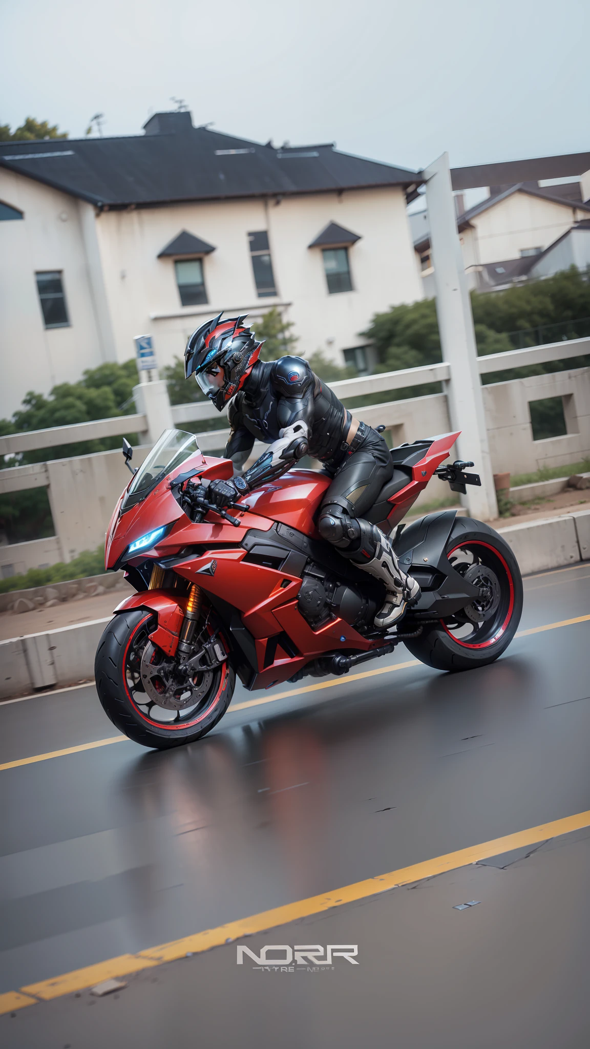 Cyber Male Warrior and Cyber Mechanical Motorcycle, Wearing High-Tech Armor, Nousr, Biomechanics, MSHN Robotic Man, High-Tech Helmet, Hyperreal, Steel, Intricate Design, Crazy Details, Fine Details, Extremely Clear Lines, Cinematic Lighting, Photo Realistic, Detailed Masterpiece