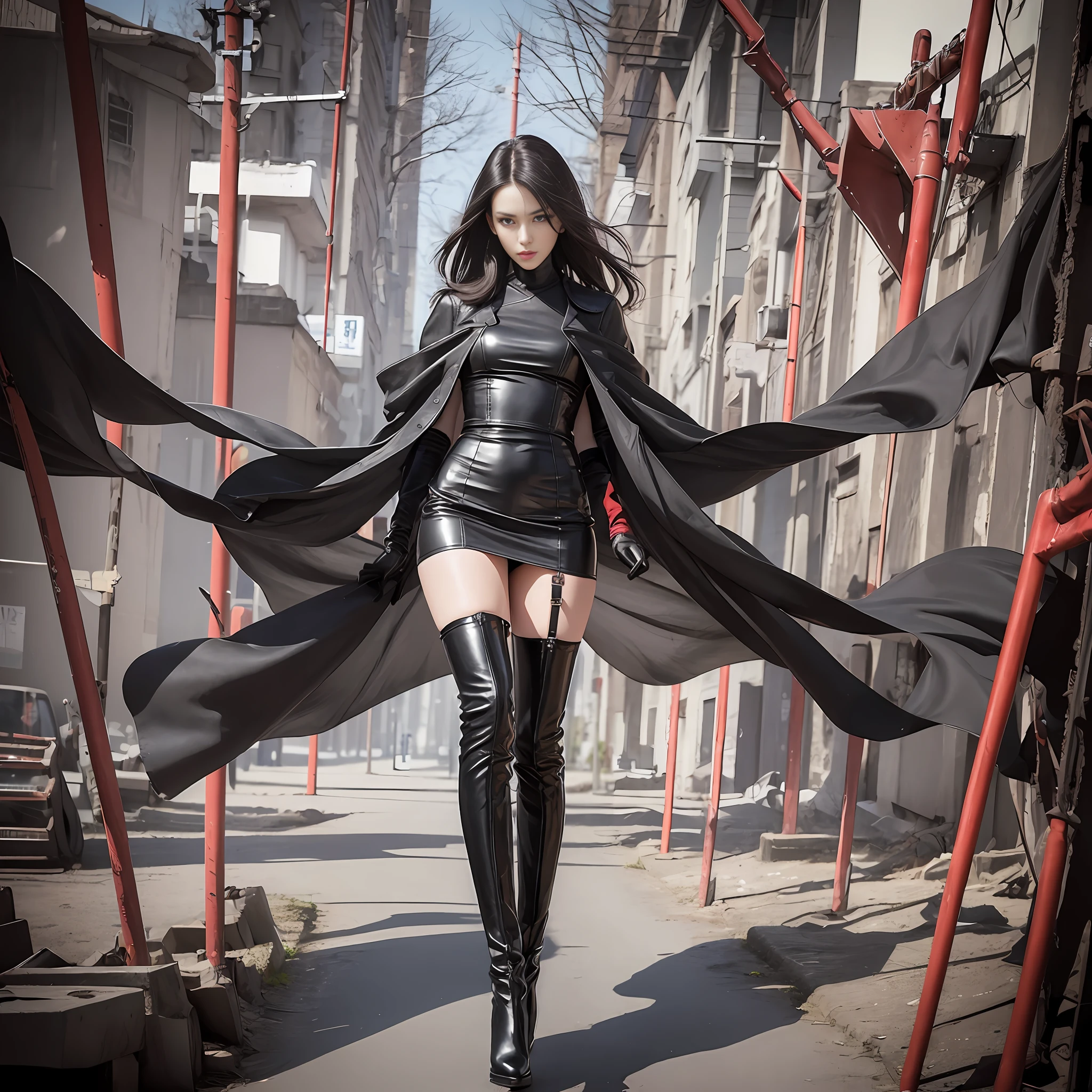 Beautiful woman walking in the wind, black gloves, knee-length leather red sole boots, tall, long legs, perfect body proportions, thin waist, black suspender stockings, tight leather dress, tall, slender body, 9 head body, big eyes, beautiful and exquisite face, perfect body details, perfect body proportions, perfect visual proportions, fashion shooting --auto --s2