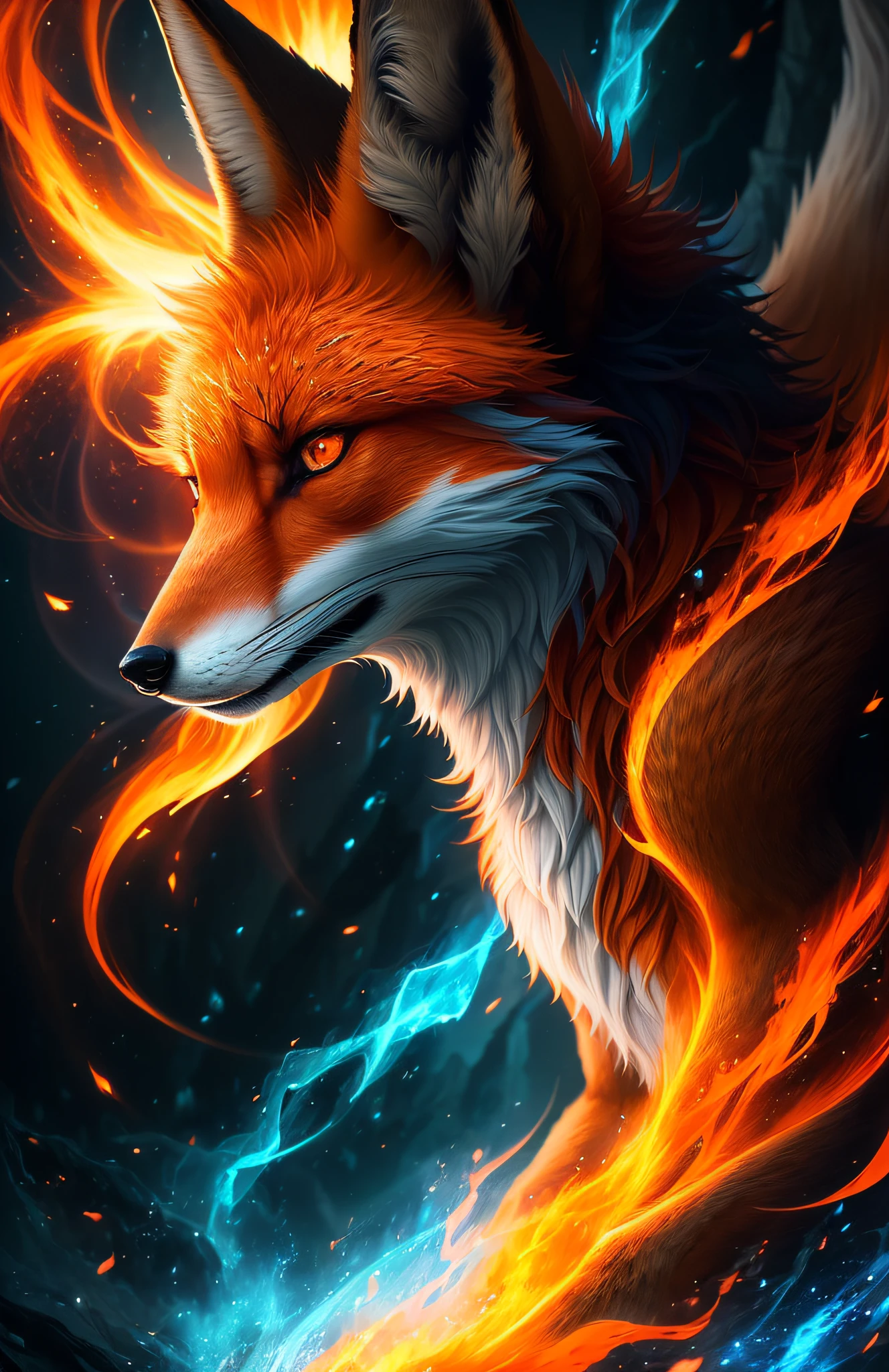 (((work of art))), better quality, detailed CG illustration, mystical and mysterious figure of a fox, orange hair, burning eyes, fierce and intimidating expression, soft tones, with the power of blue rays, surrounded by blue rays in an angry pose