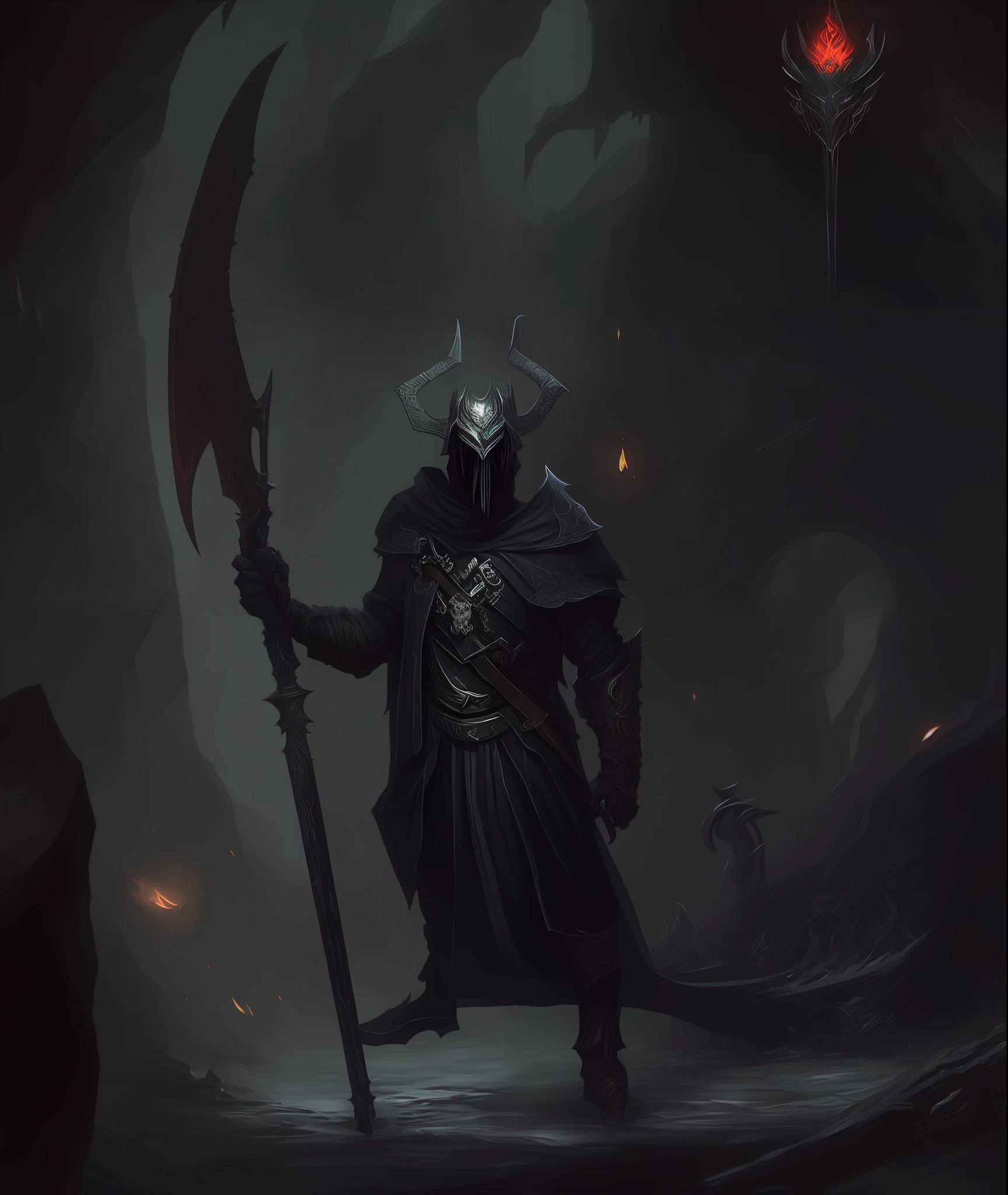 a closeup of a person with a scythe, dark soul concept, wears a black robe with shining silver armor, adorned with runes, wears a silver skull mask, bright red eyes and a horned helmet, fantasy sickle, is in a dark cave lit pir torches, fantasy character concept, dark soul concept art, heroic fantasy character concept, man with sickle, anthropomorphic character, d&d
