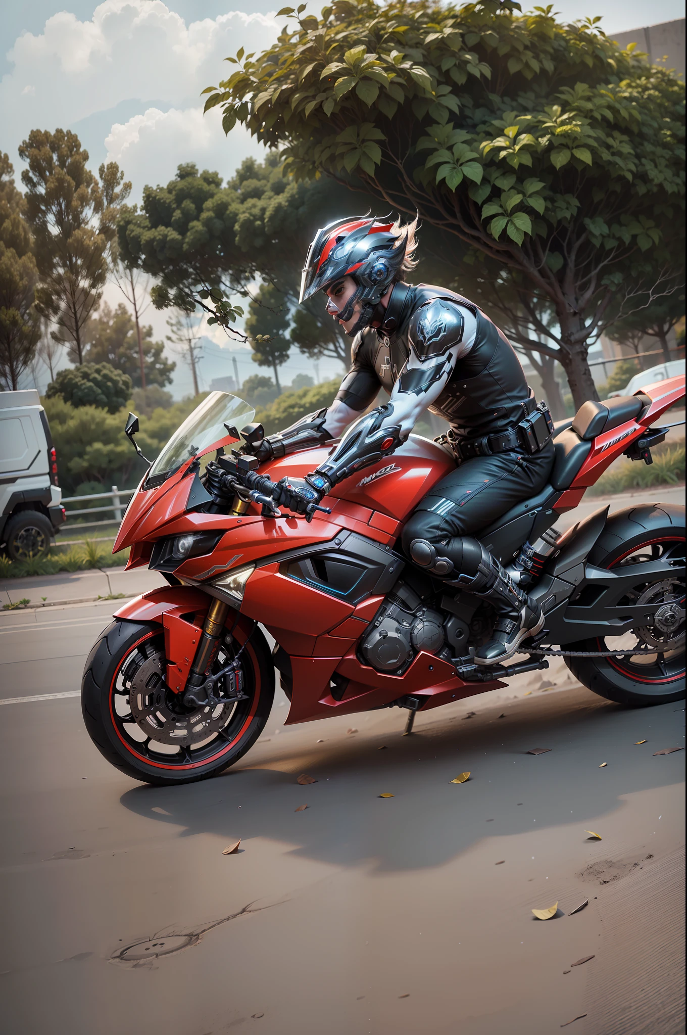 Cyber Male Warrior and Cyber Mechanical Motorcycle, Wearing High-Tech Armor, Nousr, Biomechanics, MSHN Robotic Man, High-Tech Helmet, Hyperreal, Steel, Intricate Design, Crazy Details, Fine Details, Extremely Clear Lines, Cinematic Lighting, Photo Realistic, Detailed Masterpiece