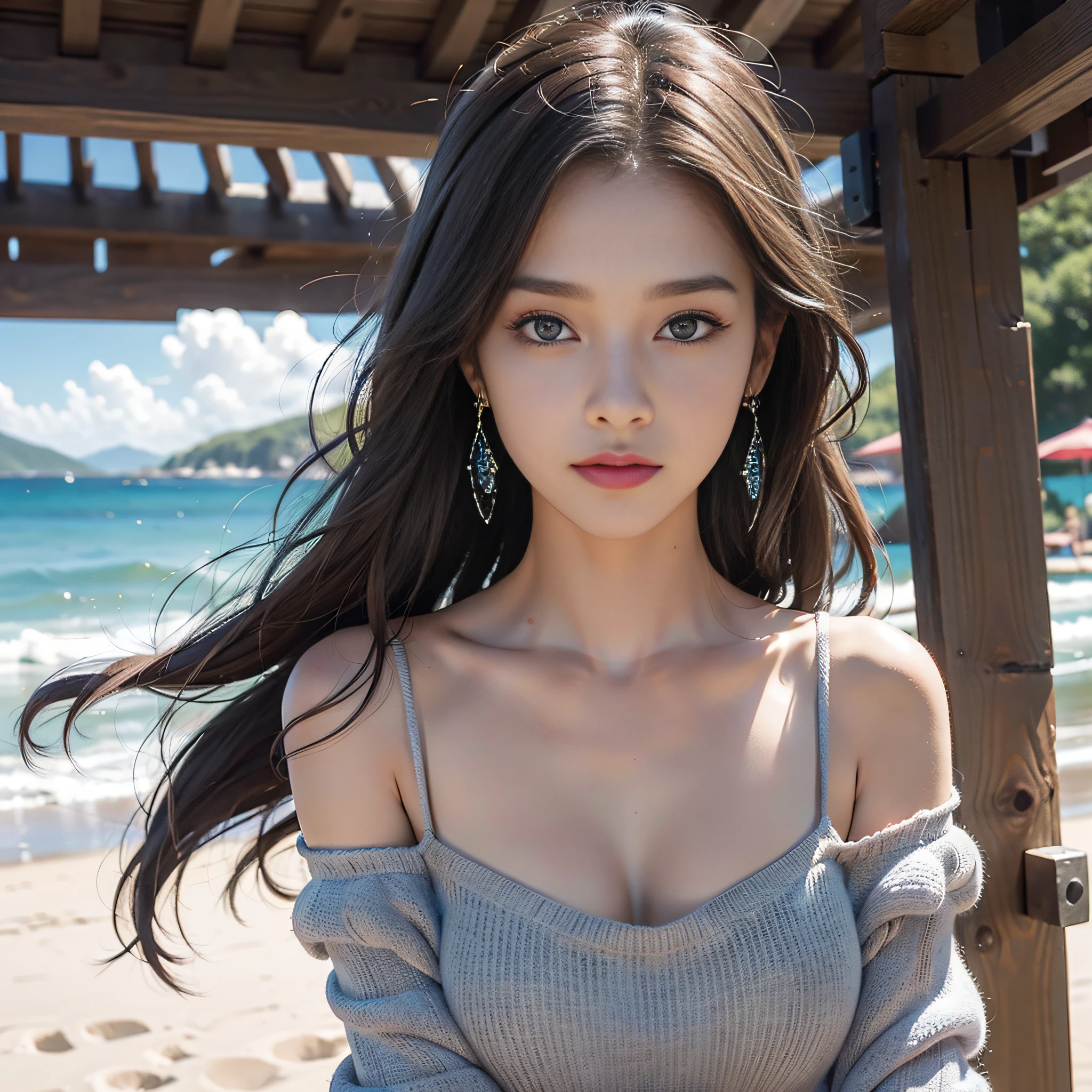 (8k, RAW photo, top quality, masterpiece: 1.2), (realistic, photorealistic: 1.37), 1 girl, cute, sapphire eyes, (solo), detailed face, gray-brown hair, , crescent-shaped earrings, dramatic angle, viewer viewing, subjective, exposed breasts, drop top, face light, room, (((living)), beach, wind, depth of field, bokeh,