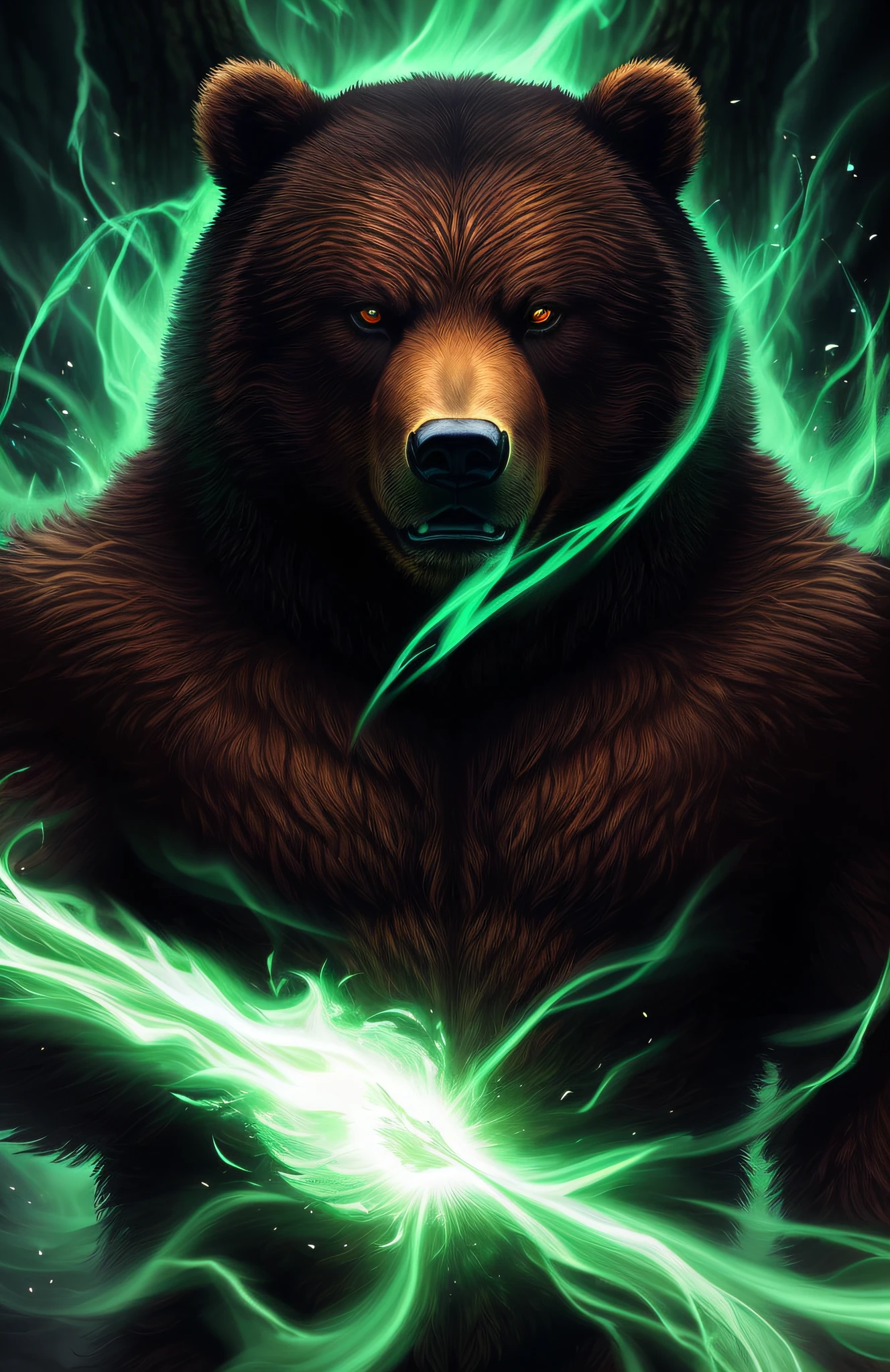 (((work of art))), better quality, detailed illustration in CG, mystical and mysterious figure of a bear, burning eyes, fierce and intimidating expression, soft tones, with green energy power, surrounded by pure green energy in an angry pose