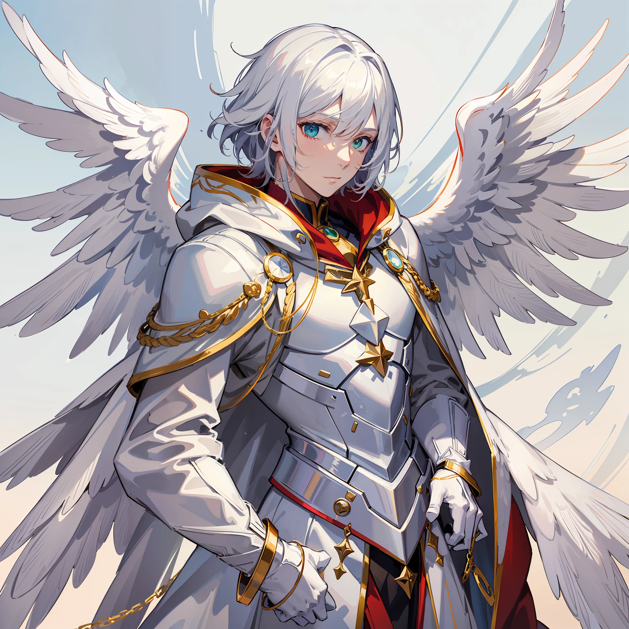 "Male angel", "White and red coat with hood, divine armor on shoulders, chest and arms", "White hair, green eyes", "3 pairs of white angelic wings", "Divine")