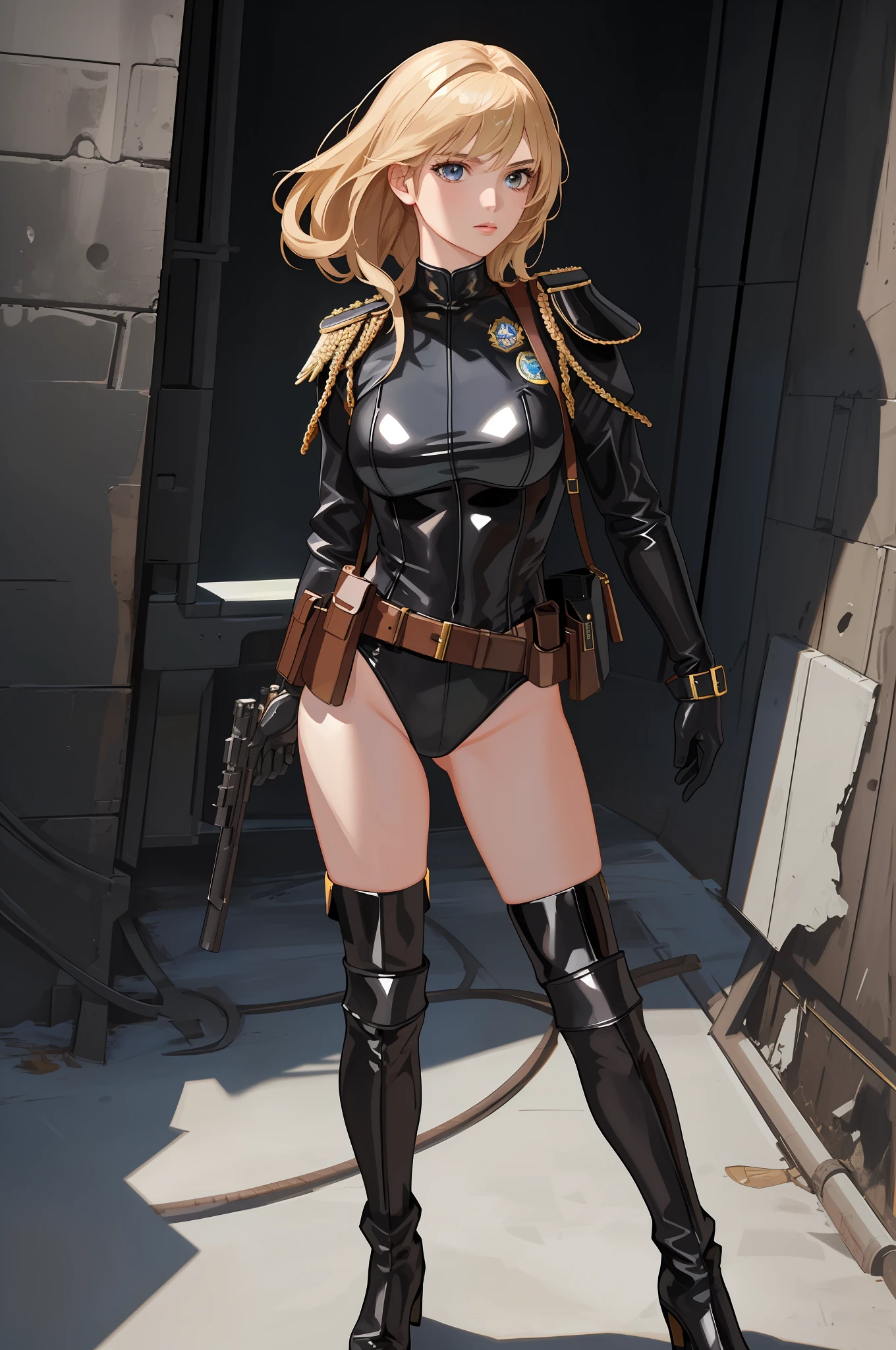 ((best quality)), ((masterpiece)), ((ultra realistic)), (dynamic heroic pose), ((1girl, solo)), English, beautiful detailed face, detailed eyes, sexy police officer, ((black leotard, police uniform)), white bracelets, warehouse backdrop, highly detailed, professional, bare legs, (full body costume design), standing, blonde hair, medium hair, brown eyes, (thigh-high matching boots), shoulder holster, shoulder pads, badge