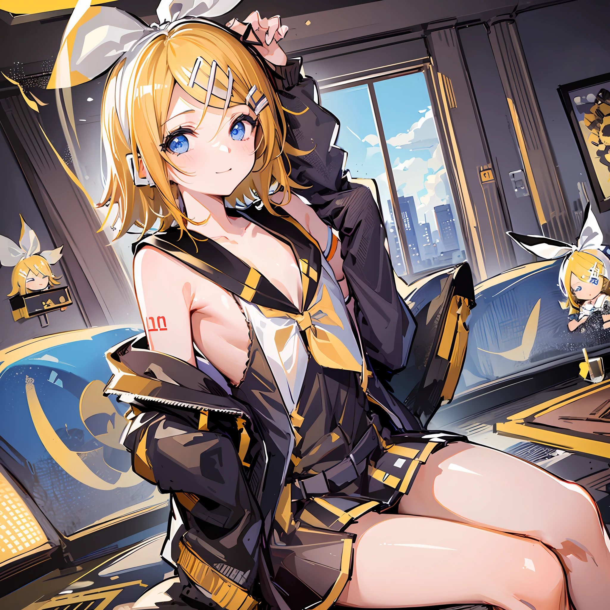 (Masterpiece), (Best Quality), (Illustration), (Ultra Detailed), (High Resolution), Absurdity, One Girl, (Kagamine_Rin:1.5), (Vocaloid), Shoulders are cut off, Short Hair, Hair Clip, Blush, (Blonde), Very Cute Girl, Small, Young, Delicate, Attention to Girl, Living Room, Cute, She, Smile, Best Moment, Sailor Suit, Black Shortscute, belt, blue eyes, bright eyes, cool cute, sit, close legs