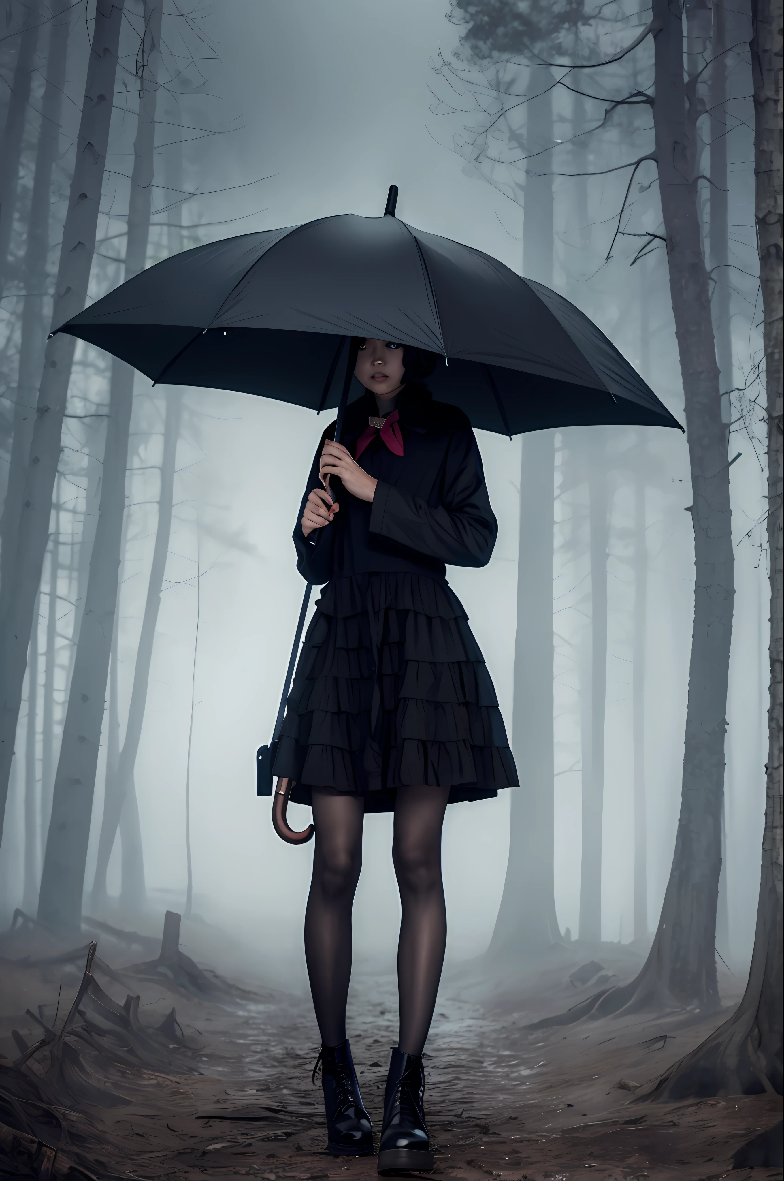 A beautiful girl holding a black umbrella, full body, horror, broken, twisted, sky, fog, smoke, dust, dark forest, shadow creature, Junji Ito, masterpiece, super high resolution, high quality, movie lighting,