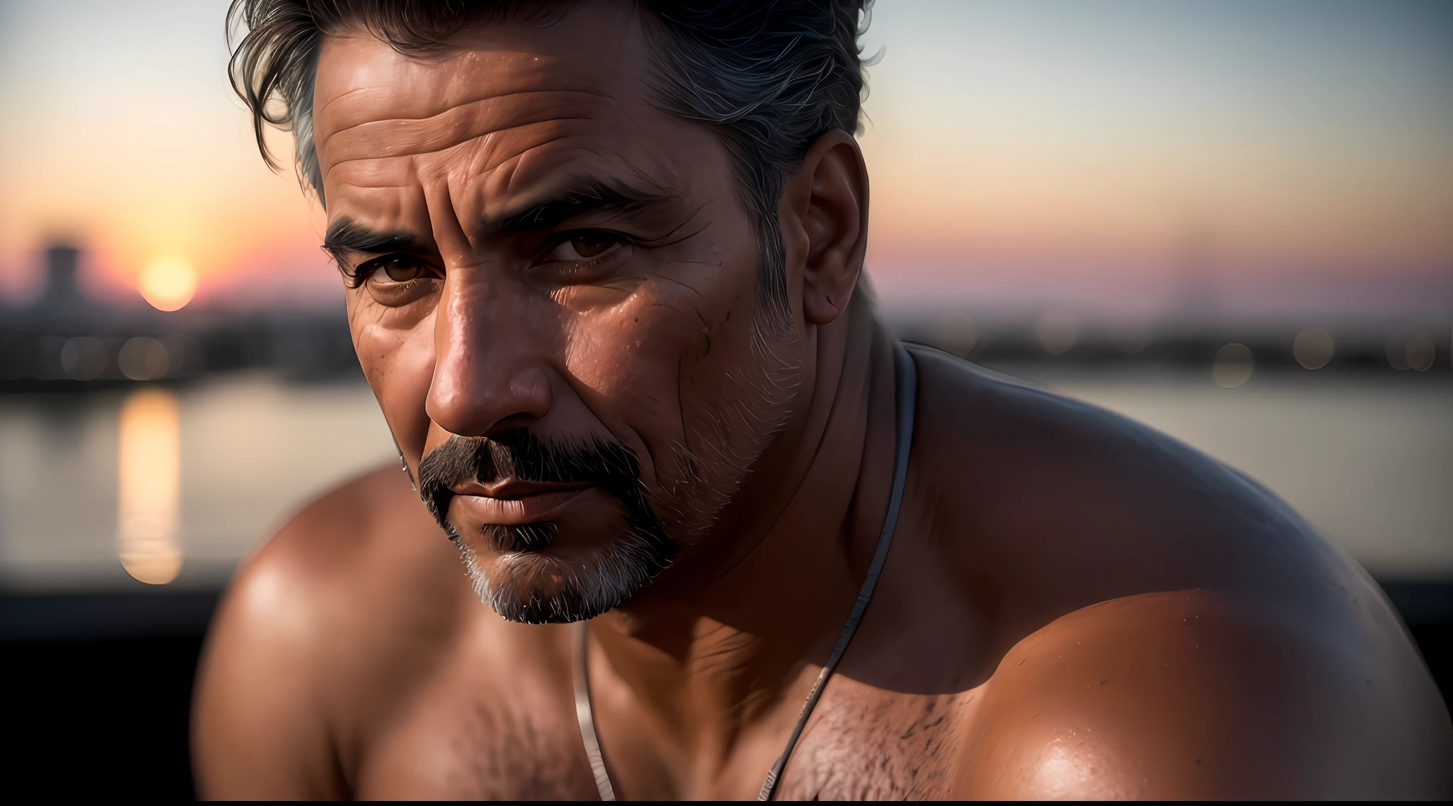 mature brazilian man, lost look, sitting admiring the horizon, (((thin, small)), photorealistic, photo, masterpiece, realistic, realism, photorealism, high contrast, photorealistic digital art trend in Artstation 8k HD high definition detailed realistic, detailed, skin texture, hyper detailed, realistic skin texture, armor, best quality, ultra high resolution, (photorealistic: 1.4), high resolution, detailed, raw photo, sharp re,  by lee jeffries Nikon D850 film stock photography 4 kodak camera portra 400 lens f1.6 rich colors hyper realistic texture dramatic lighting unrealengine trending on artstation cinestill 800,