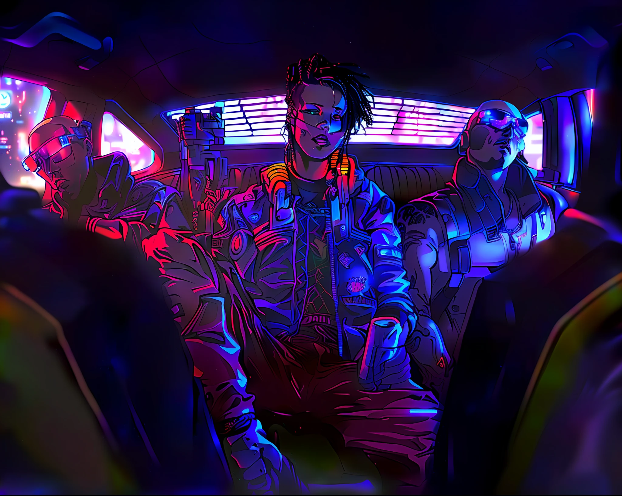 there are three people in a car with neon lights, cyberpunk art style, cyberpunk art, cyberpunk themed art, cyberpunk vibes, cyberpunk artstyle, masterpiece epic retrowave art, epic retrowave art, cyberpunk vibe, in cyberpunk style, cyberpunk illustration, cyberpunk vibrant colors, neon cyberpunk, cyberpunk art 2077, trippie redd, neonpunk, cyberpunk with neon lighting