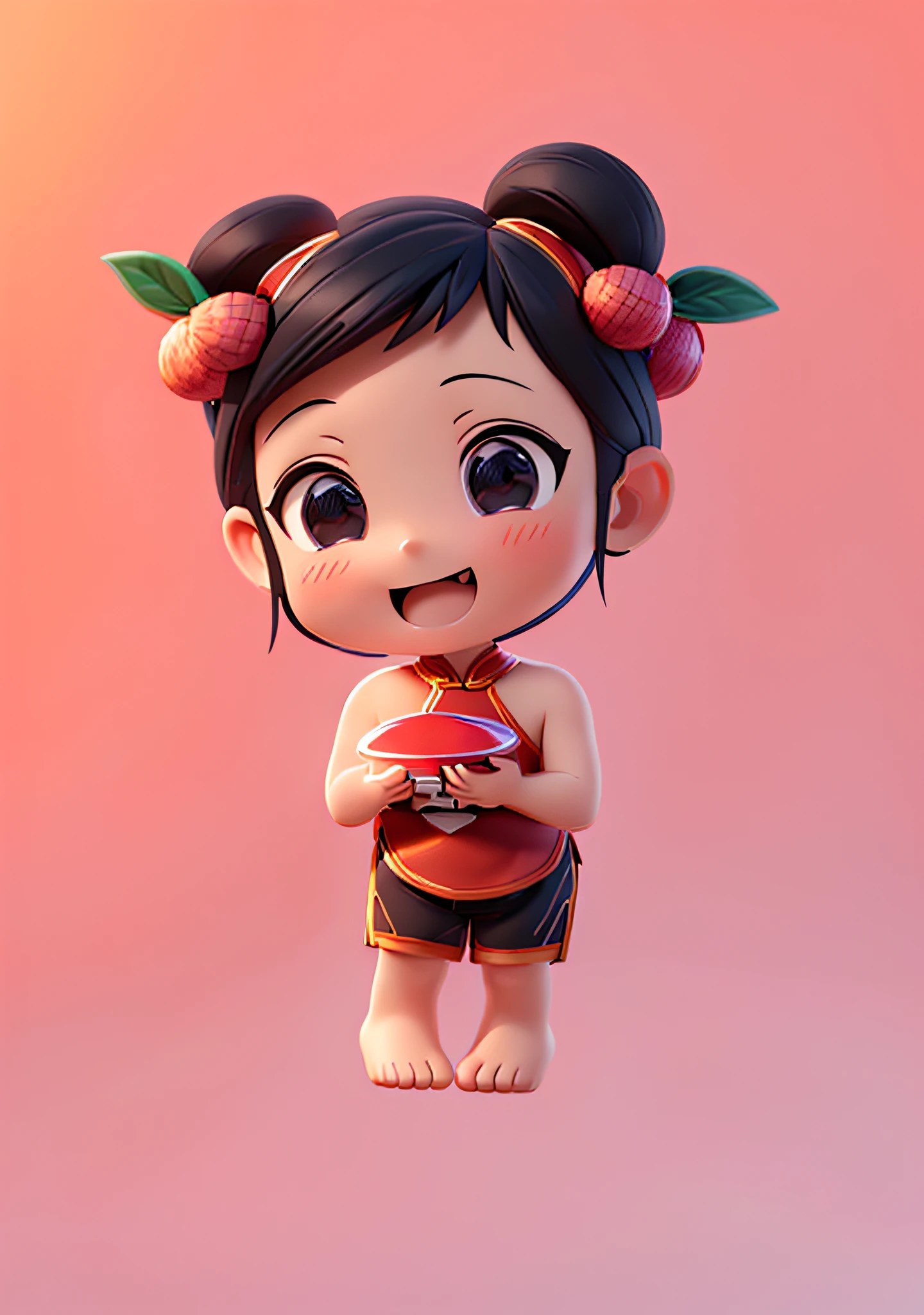 (Masterpiece: 1.3), (Best Quality: 1.3), (Masterpiece: 1.3), (Best Quality: 1.3), (8k wallpaper), (Ultra High Resolution), Full Body, (Bicephal: 2), (Natural Skin Texture), (Beautiful and Beautiful), (Very Detailed CG, Intricate Details), White Background, (White Background: 1.5), .pixar, 3D, C4D, blender, 1 Girl, Cute, Happy Face, Black Hair, Solo, Chibi, Hair Ornament, .Chibi, (Lychee: 0.5), (Double Lychee: 0.2), (Chinese Style: 1.5), Hanfu, Red Belly Pocket, Red Shorts, Barefoot.