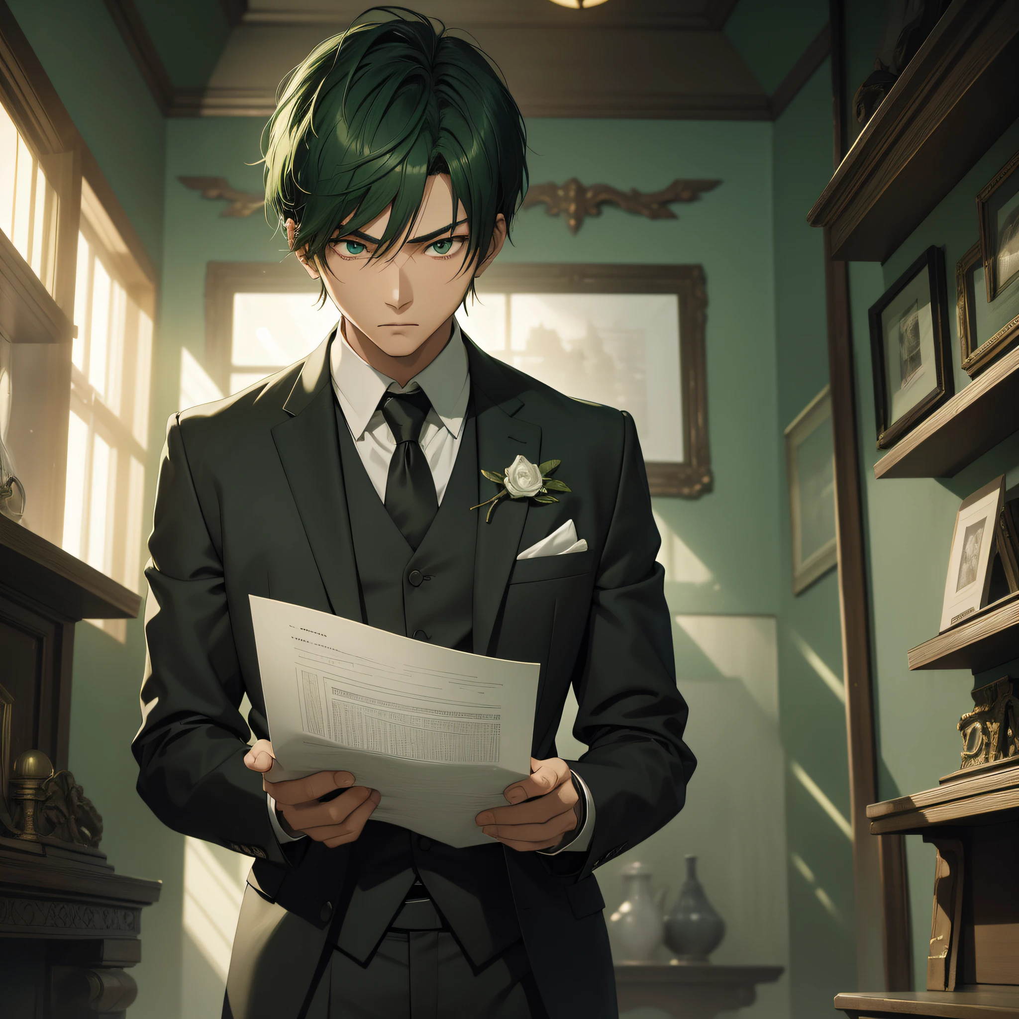 Absurd resolution, high resolution, (masterpiece: 1.4), hyperdetail, Asian, young man with short green hair, black suit, eerie room, looking at the note, serious scared expression
