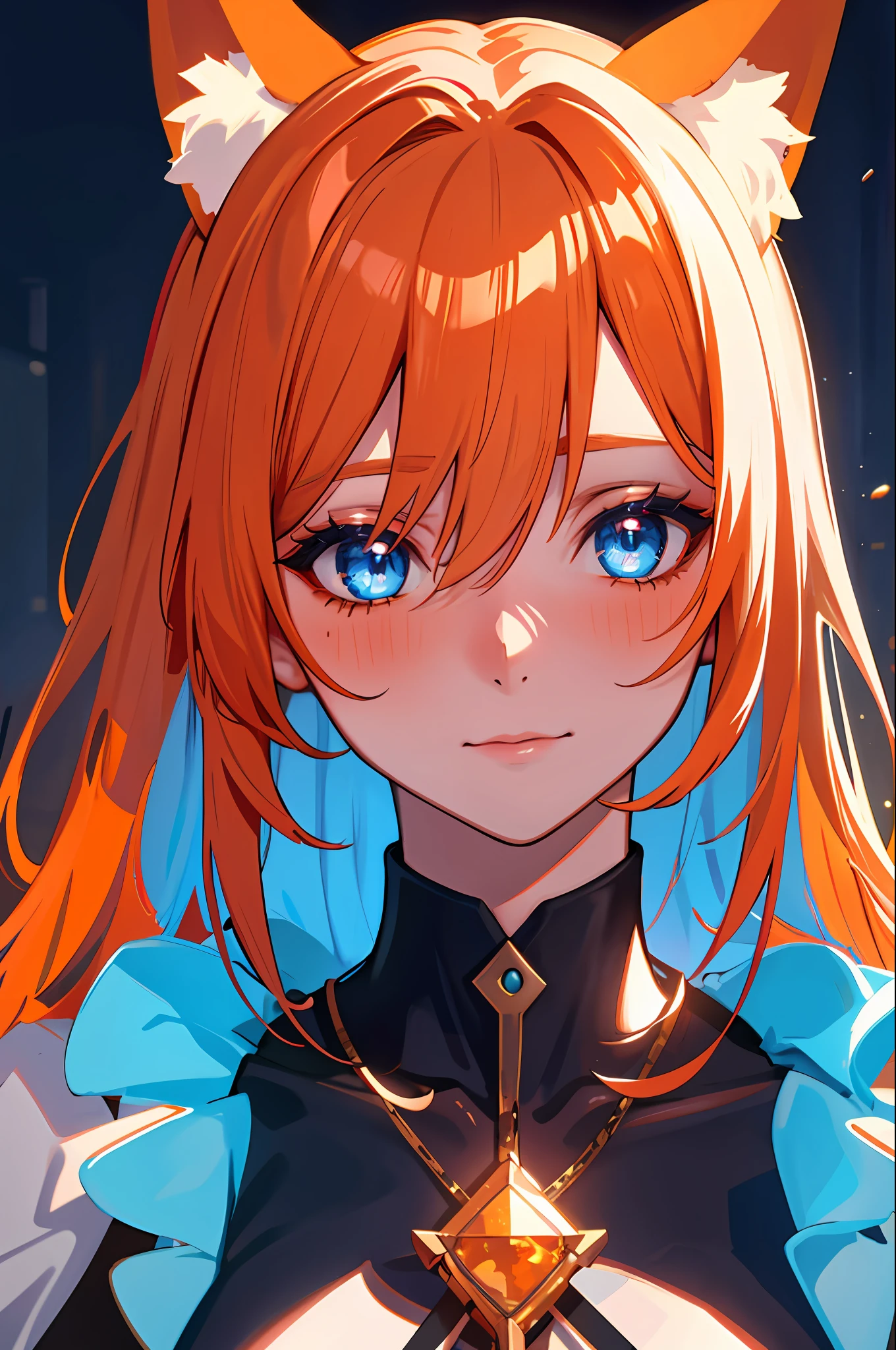 1irl fox ears, orange hair, blue eyes, collar, face close up, intimate, gorgeos,traced light, high details,digtal art, night, glowing lights in the hair, in love,blushing, insecure, cute, sensual, shadows, contrast, beautiful eyes