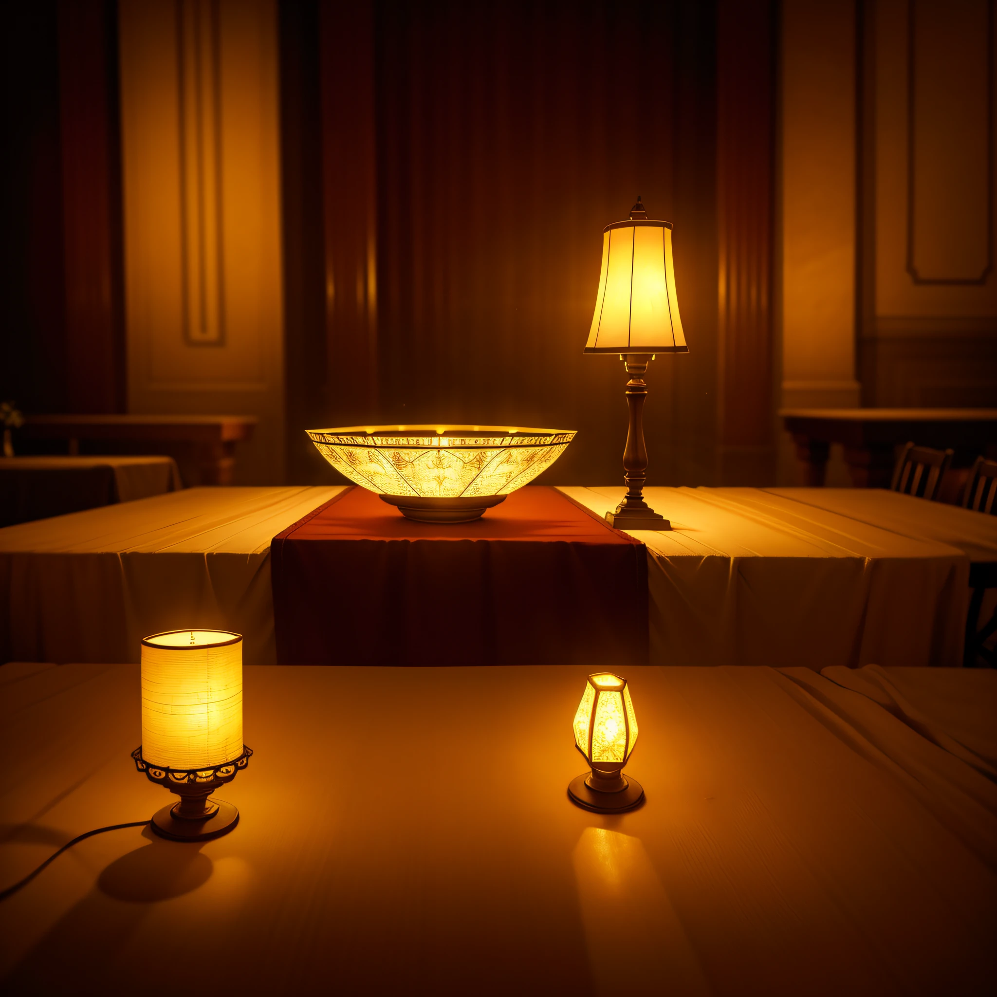 Photo Raw, (masterpiece), (best quality), (no people), a lit lamp and a bowl on a table in the wedding hall, epic biblical representation, 8k, UHD, night, cinematic lighting, --s2