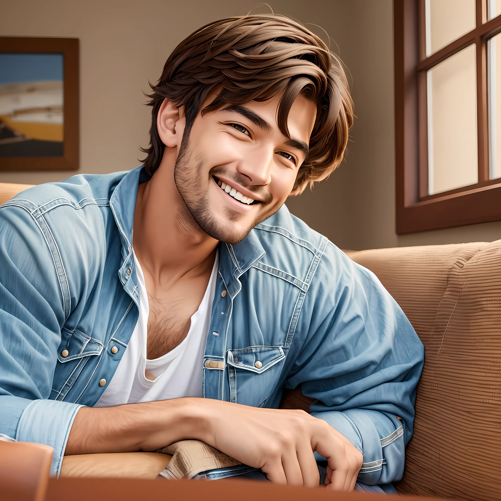 HD Man lying comfortably on the sofa with a smile on the corner of his mouth There is a table next to him --auto --s2