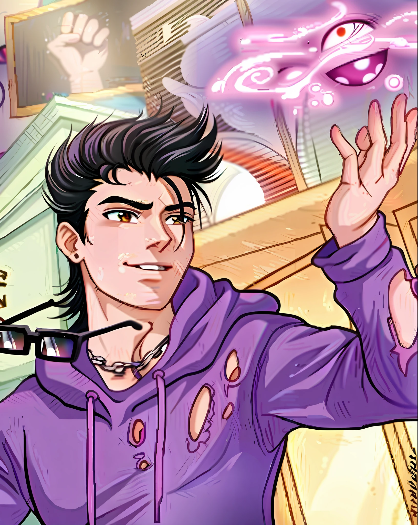 Draw one piece A close-up of a person wearing a purple hoodie holding a cell phone, portrait of Jughead Jones, teenage Jughead Jones, Kentaro Miura manga style, Kentaro Miura manga art style, John Romita senior, Archie comic style, Archie Andrews, Tomioka Tessai inspired, Adam Dario Keel inspired, jojo anime style,  inspired by Randy Vargas