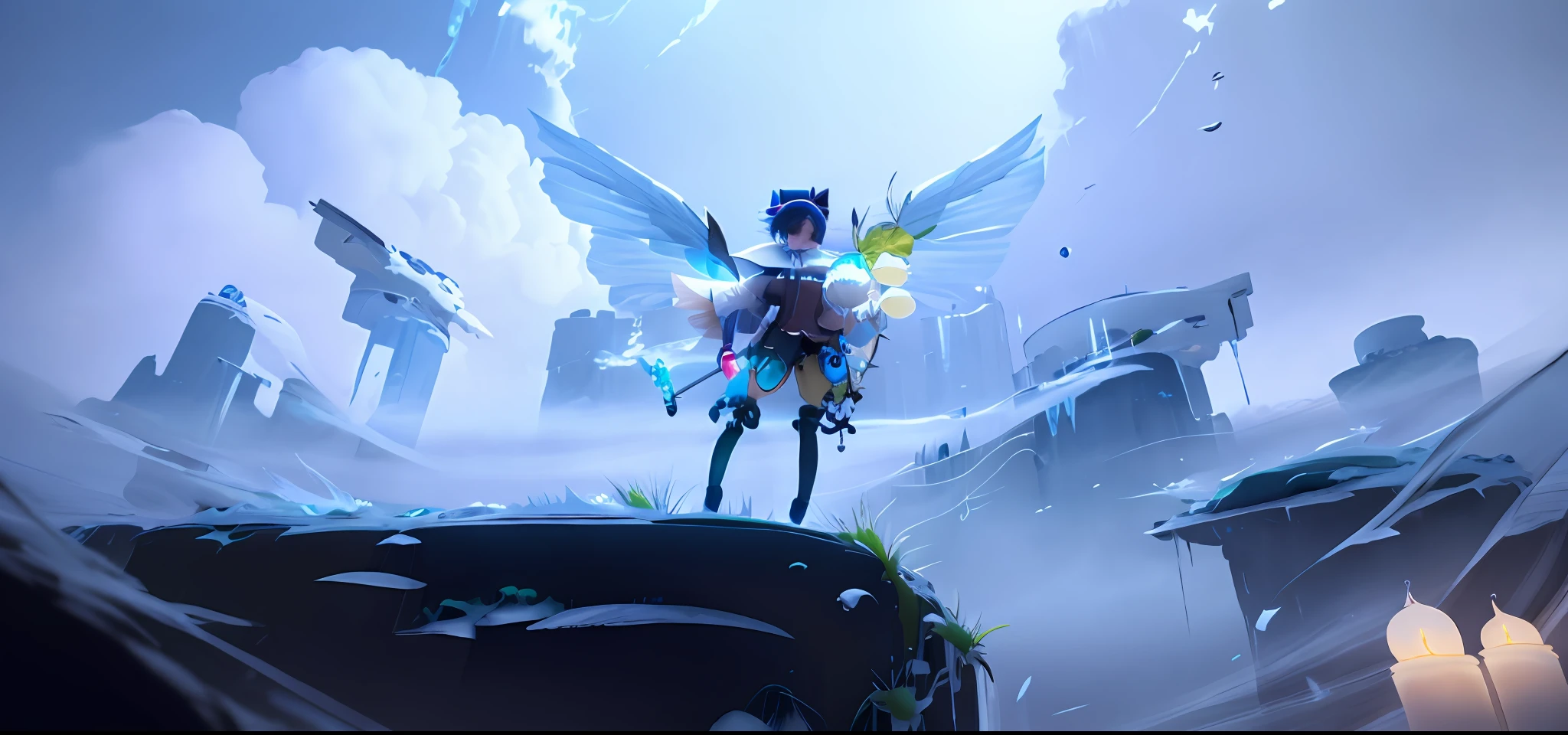 Venti Genshin impact standing on a ledge in a room with ice, mana in the air, video game still, a still still of an ethereal witch, from the sky, side roller, while she looks at the ceiling, duelyst style, Venti Genshin impact ascending to the sky, vrchat, HD Detail, Ultra Detail, Film, Hyper Realism, Soft Light, Bokeh Deep Focus, Ray Tracing, and Hyper Realism. --v6