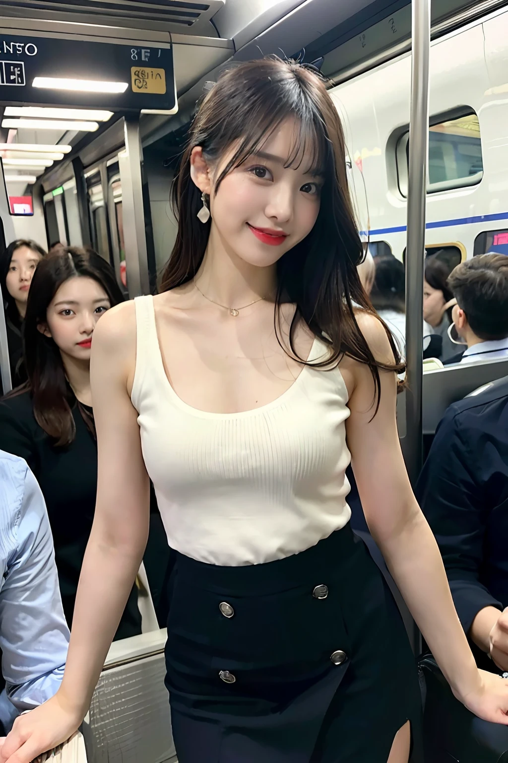 best quality, masterpiece, ultra high res, 8K, raw, (photo realistic:1.4), sharp focus, 1 girl, (detailed background:1.5), (crowded train:1.3), sexy girl, slender, varied poses, cute, 18yo, laugh, tiny breasts, black hair, hime cut, detailed clothes, white shirt, sexy mini skirt