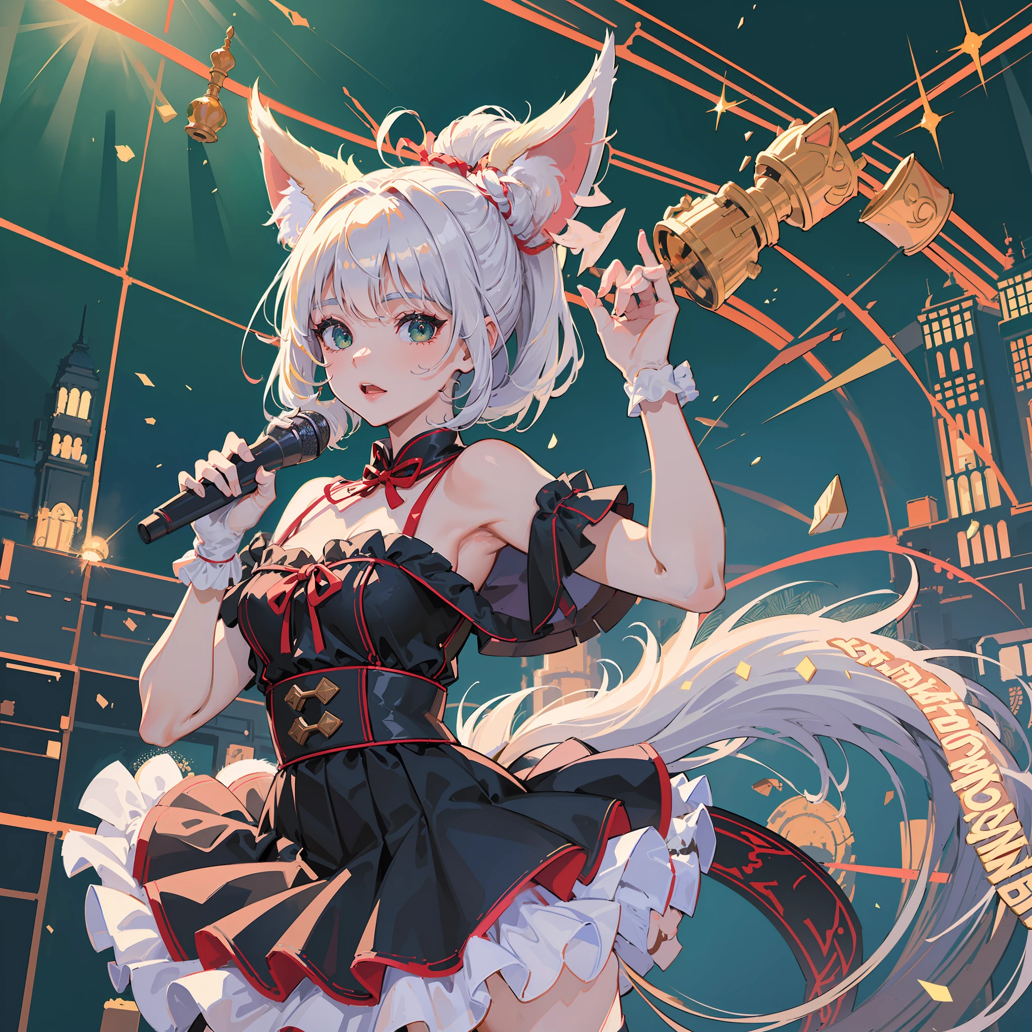 ((masterpiece, super definition, detail, best quality, illustration)), silver-haired, short-haired, ponytail, beautiful green eyes, animal ears, fox, red ribbon, fox tail, big, on stage, white stage costume with frills, microphone singing, idol, gloves, absolute area, white knee socks, ((one fox's tail is extended)),