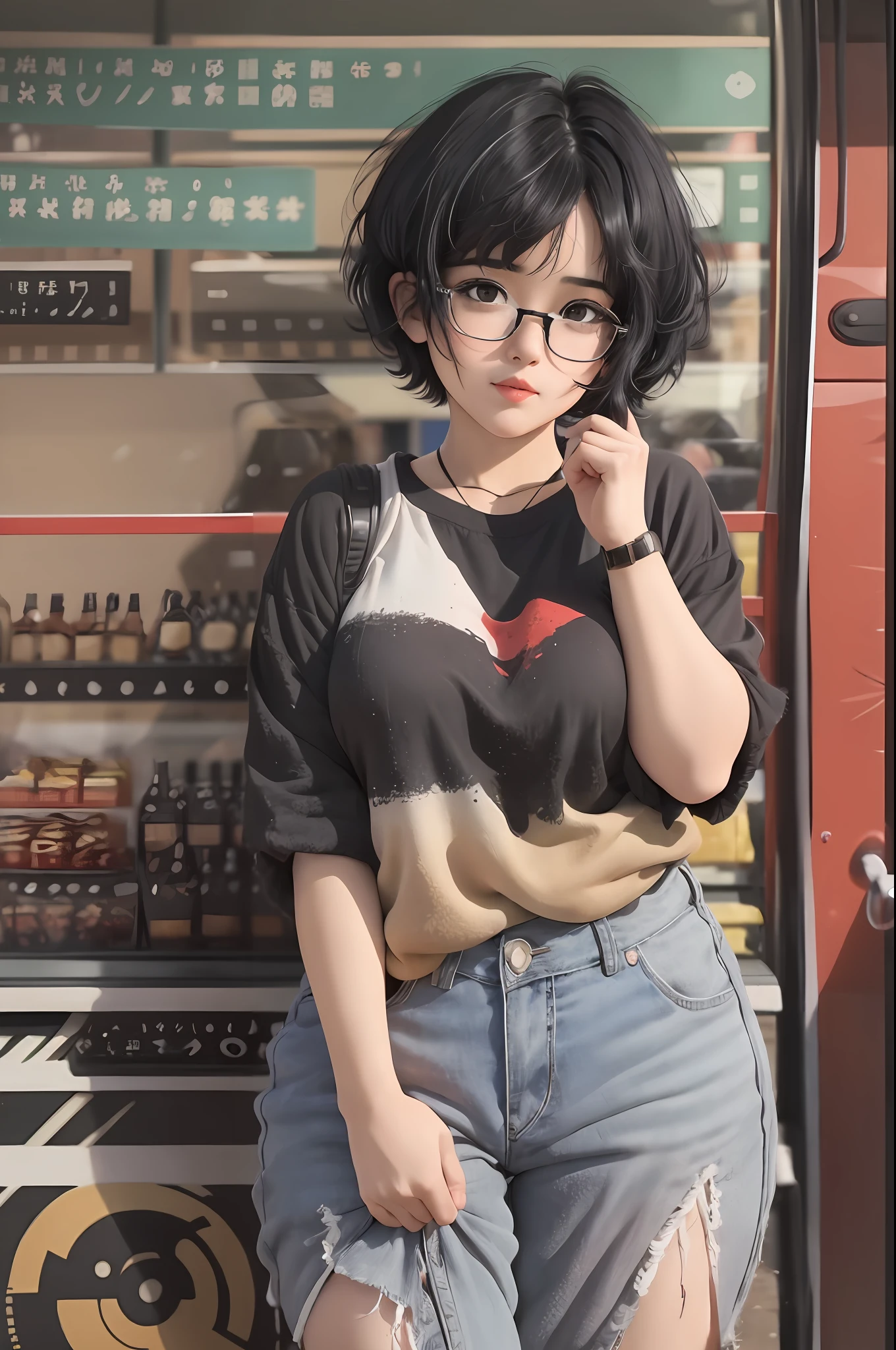 Woman with short unisex hair! Beautiful, very cute and fair! , black hair, young, very cute, glasses!, slightly fat, cute, baby fat!! , two-dimensional, a little colored, shy, short hair, short hair!! Childish, erotica, glasses, plump and sexy