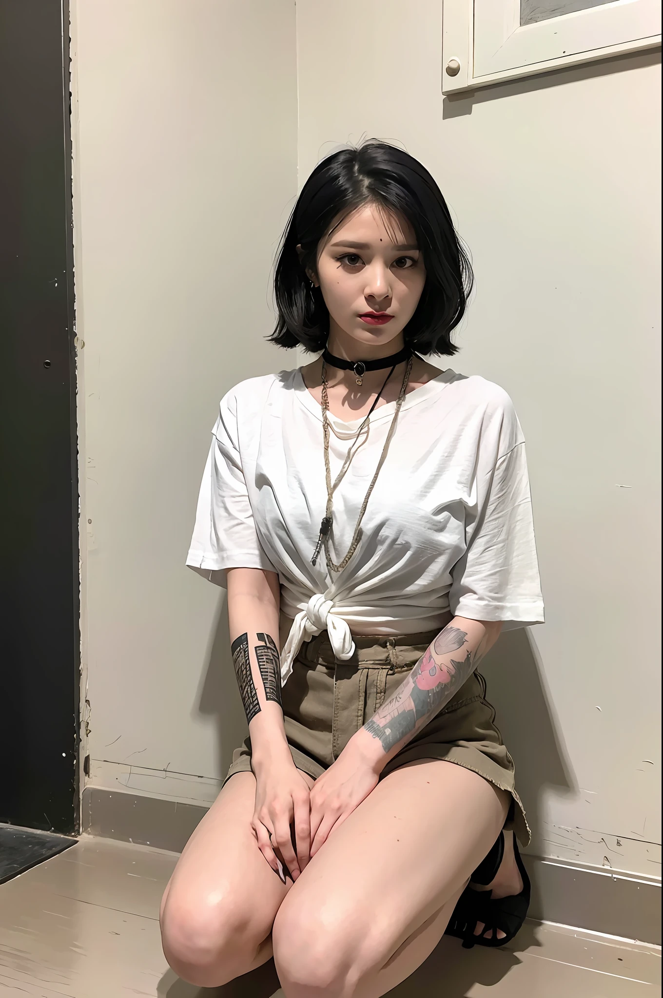 (8k:1.27), best quality, masterpiece, ultra highres:1.2), lesbian delinquent girl with medium length hair and arm tattoos, tattooed girl, full body picture, dirty old white oversized knotted prisoner t-shirt, dirty big t-shirt with prisoner number written in t-shirt, short big sleeves, beige prisoner pants tied with a rope, wearing dirty old goth clothes, shoulder length black bob hairstyle, black hair pulled back snooki style, kneeling in a prison cell next to a noose, handcuffed, hands tied with rope behind body, submissive neck choker and checkered keffiyeh scarf in neck, 4k or 8k picture, looking at the floor down very sad, very sad face, praying, paisley bandana pirate style headscarf, smelly, barefoot, rope noose hanging from ceiling, tattooed body, noose rope hanging