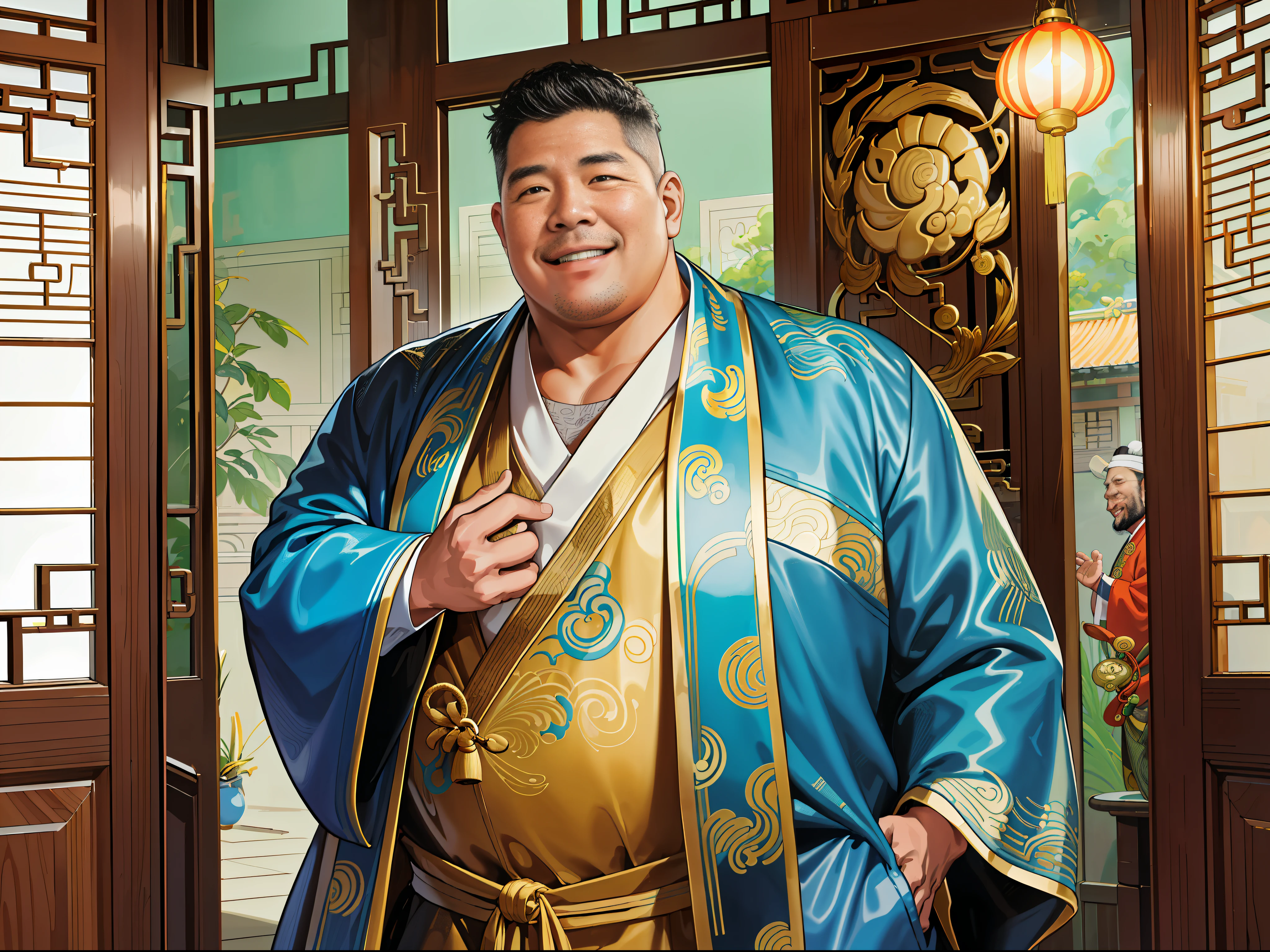 (ridiculous, high resolution, super detailed, realistic,), 1 middle-aged fat man, standing outside the door, 50 years old, nodding happily, hands on his back, head down, happy, happy, Qing dynasty style, gold theme robe, greasy, rich, rich man, room, ancient Chinese style, HD photo.