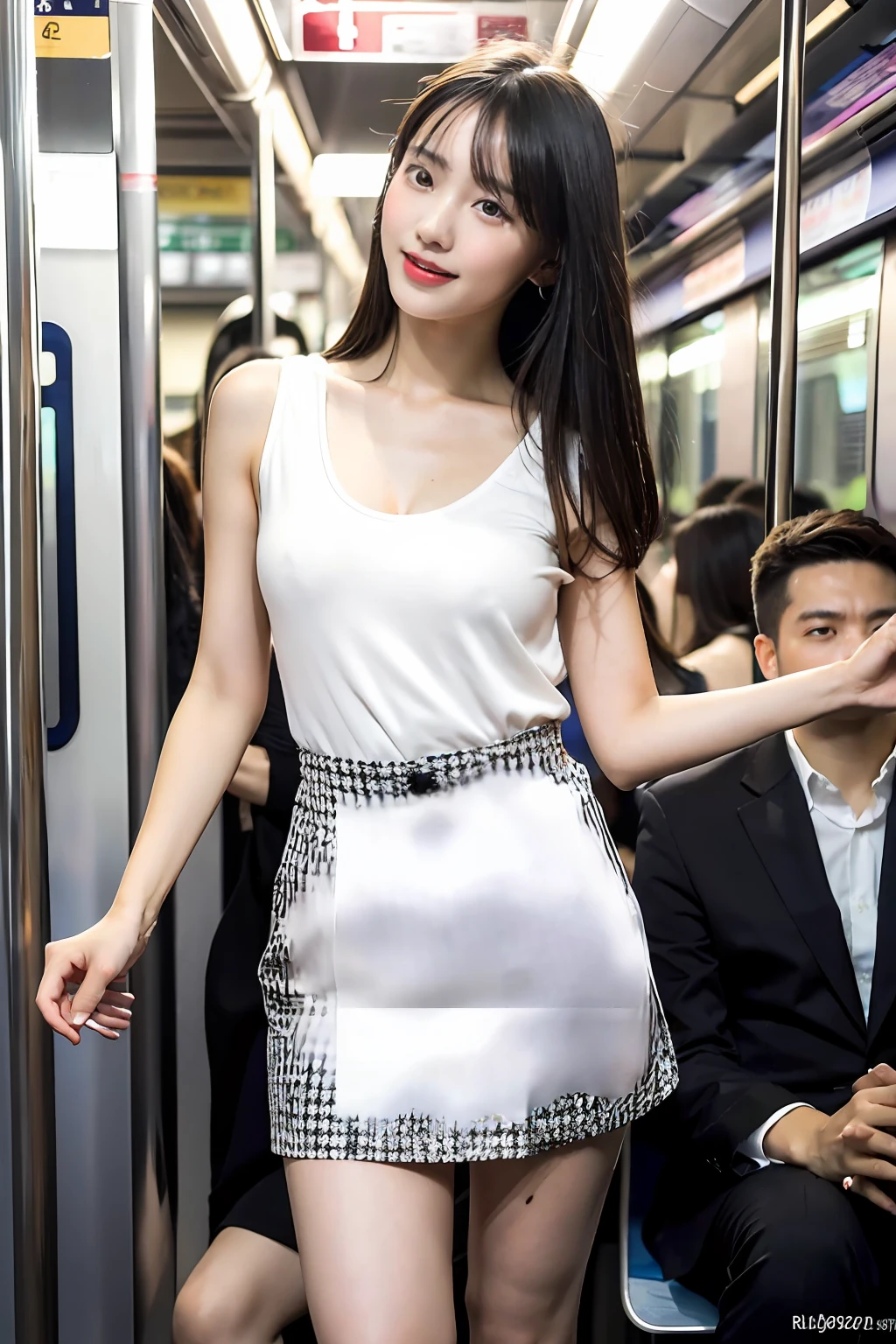 best quality, masterpiece, ultra high res, 8K, raw, (photo realistic:1.4), sharp focus, 1 girl, (detailed background:1.5), (crowded train:1.3), sexy girl, slender, varied poses, cute, 18yo, laugh, tiny breasts, black hair, hime cut, detailed clothes, white shirt, sexy mini skirt