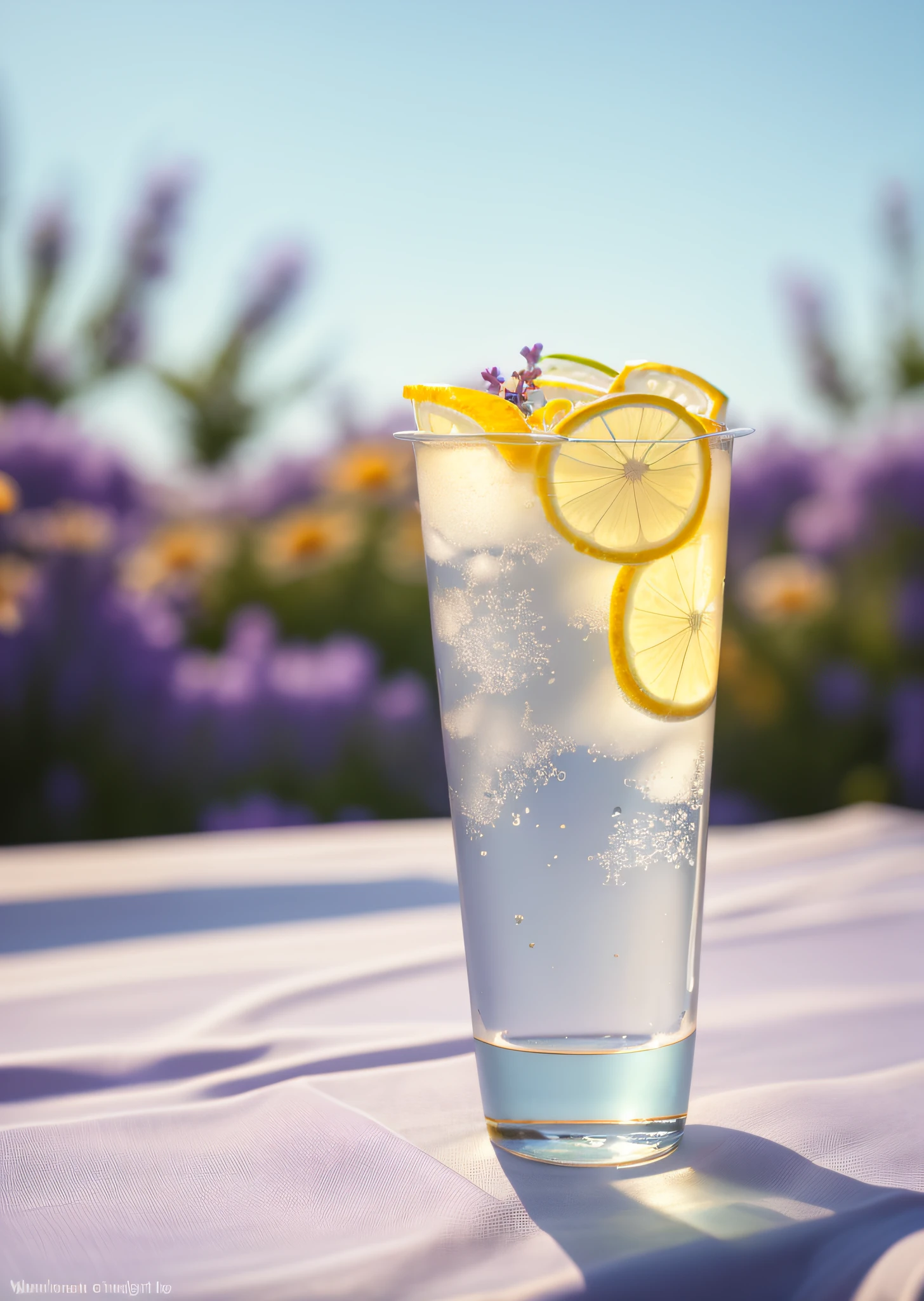 A glass with lactic acid bacteria lemonade droplets of water, translucent liquid, ice cubes, daisies and lavender flower crowns on gray picnic table cloth, outdoor lighting at noon, open air, natural background, summer, hot weather, high detail, very humid humidity, high brightness, wet watermark, excessive detail, surrealism, soft light, studio lighting, diffuse soft light, shallow depth of field, clear focus, bokeh effect, ray tracing, subsurface scattering, complex soft light, diffuse soft light, highly detailed glass reflection, Ultra-thin (ultra-thin), ultra-thin) (thin, ultra-detailed), film, surrealism, hardware, best quality, ultra-high resolution (true: 1.4), high resolution, detail, original photography, clear reproduction, 4 kodak portra 400 stock camera, F1.6 lens, realistic textures, spectacular lighting, not real engine, popular on artstation, cinemas up to 800,
